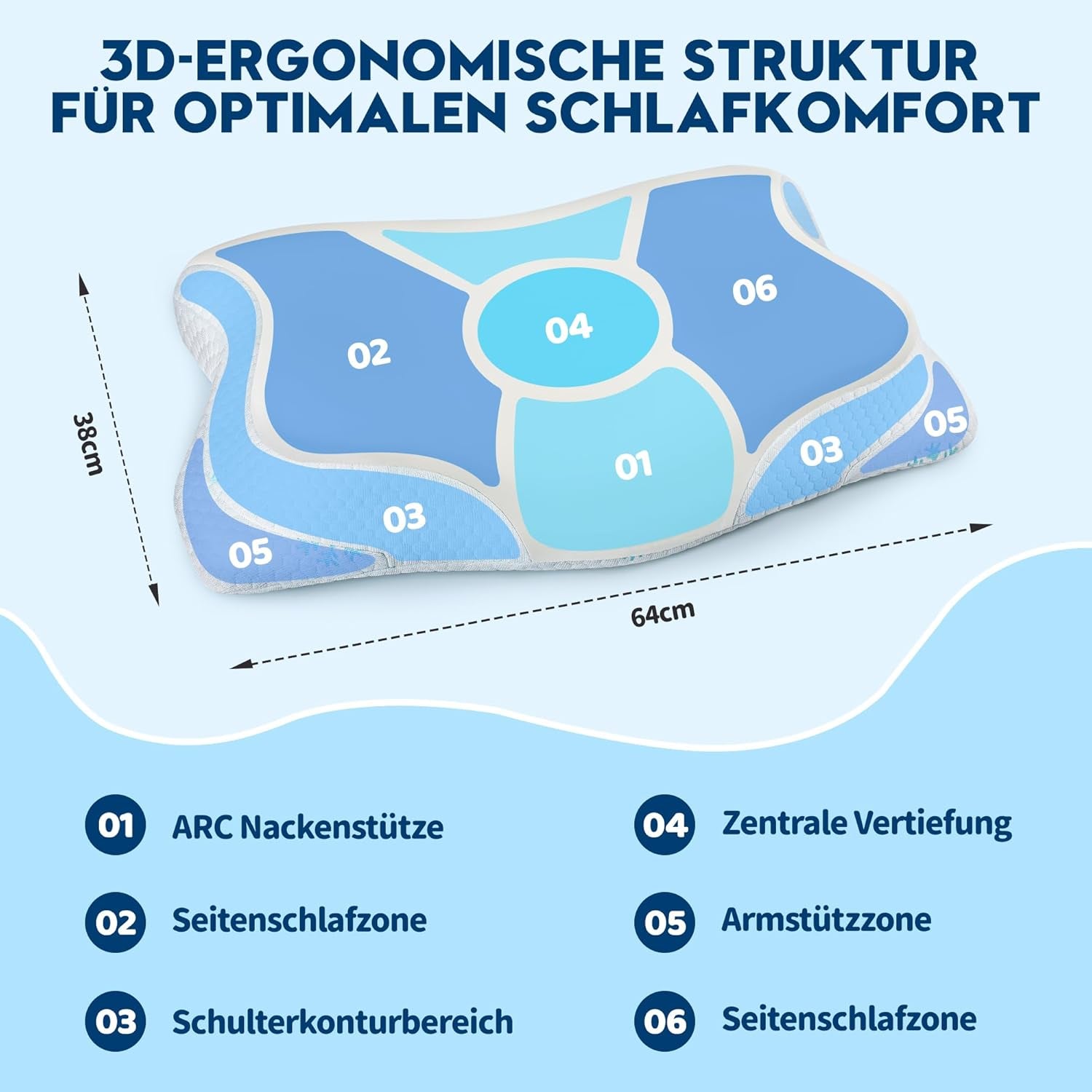 Cloudétoile Nackenkissen Memory-Schaum-Kissen – 2-in-1 ergonomisches orthopädisches Kissen, Visco-Schaum-Kissen, Seitenschläfer-Nackenstützkissen, höhenverstellbares Memory-Schaum-Kissen, weiß, 64 x 38 x 12 cm, orthopädische Nackenkissen, Naty Shop
