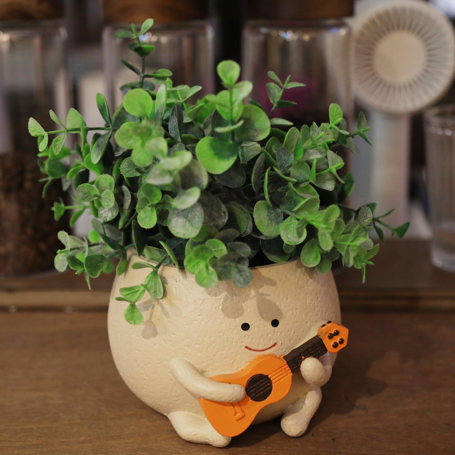 Blumentöpfe mit Smiley-Gesicht, niedlicher Harzkopf, Perlenkette, Blumentopf, einzigartige Gitarre, für drinnen und draußen, saftiger Blumentopf, Geschenkidee für Mama