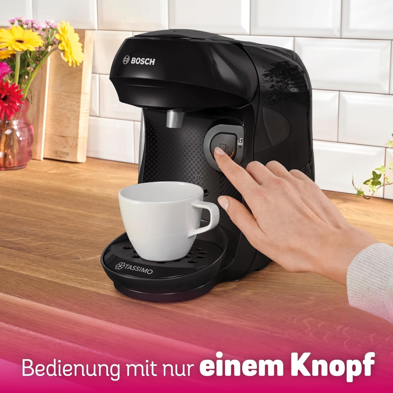 Bosch Tassimo Happy Friendly TAS102E Kapsel-Espressomaschine, 70+ Getränke, für alle Tassen geeignet, Auto-Stop, nachhaltig, perfekte Dosierung, platzsparend, 1400 W, schwarz