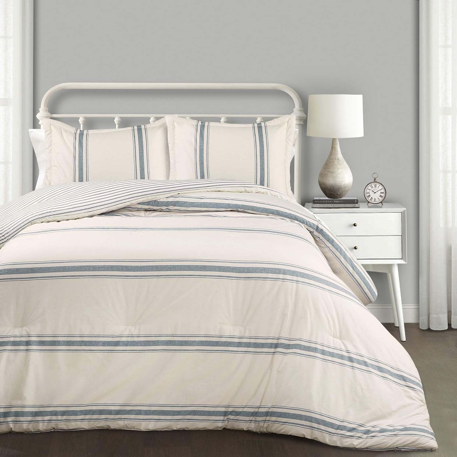Lush Decor Gestreifte Bauernhaus-Steppdecke, Full/Queen, Grau Quilts und Quilts Naty Shop Blue Full Queen