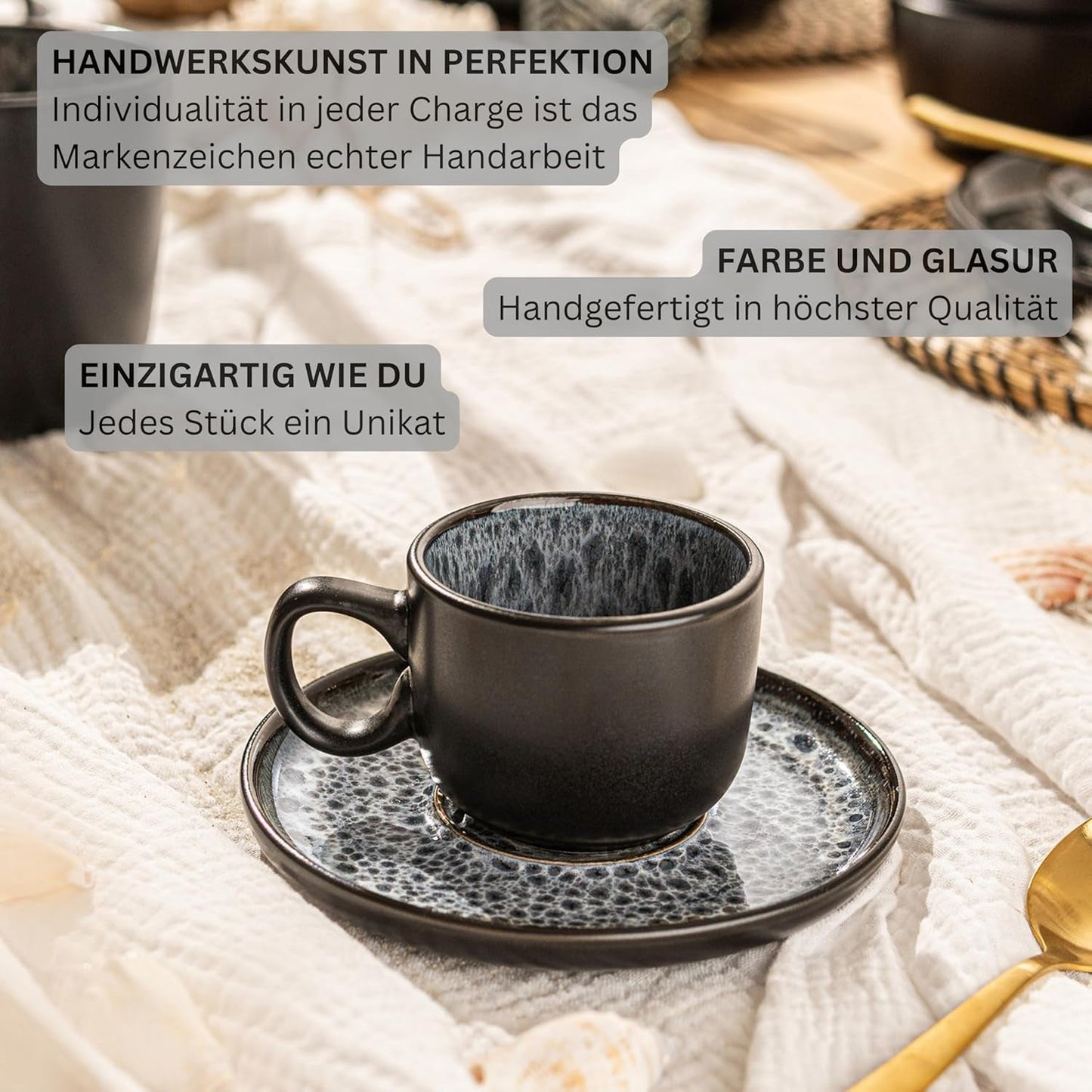 SANGER Sydney | Espressotassen-Set aus Keramik, 12 Stück, Mokkatassen-Set für 6 Personen, Tassen und Untertassen, spülmaschinen- und mikrowellengeeignet, dunkelgrau, 80 ml | DIE VALUE-KOLLEKTION