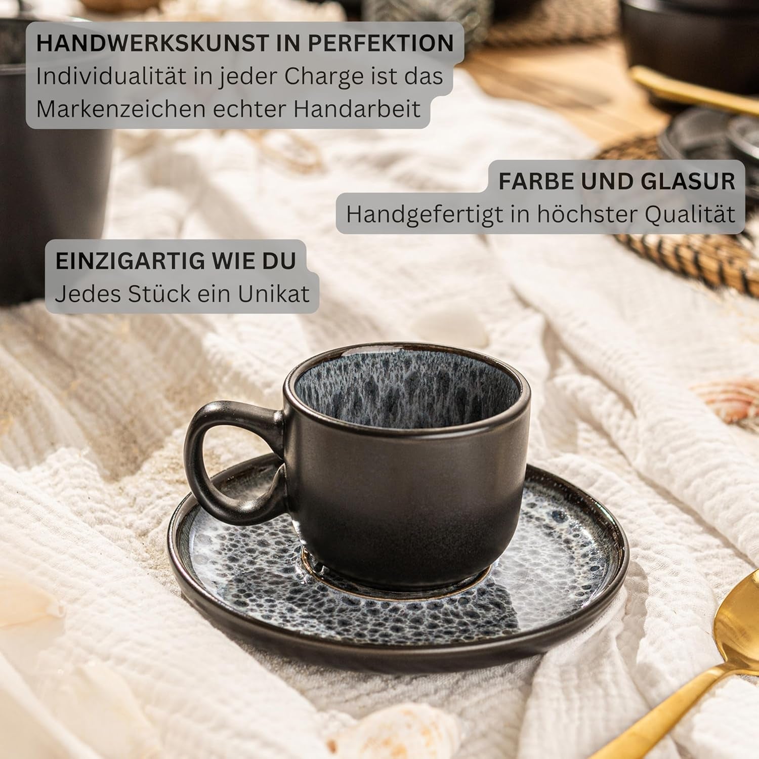 SANGER Sydney | Espressotassen-Set aus Keramik, 12 Stück, Mokkatassen-Set für 6 Personen, Tassen und Untertassen, spülmaschinen- und mikrowellengeeignet, dunkelgrau, 80 ml | DIE VALUE-KOLLEKTION