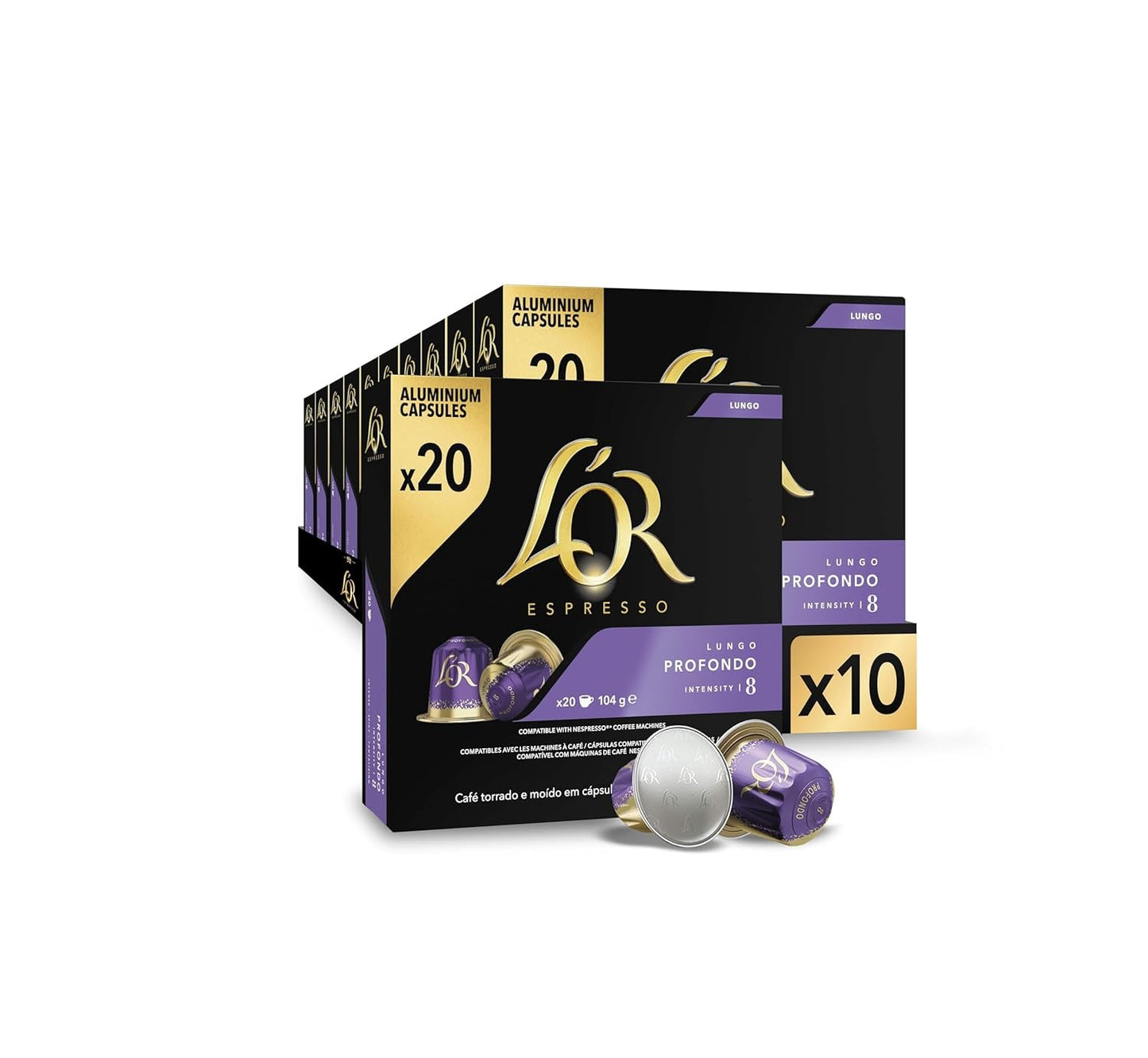 L'OR Espresso Kaffeetassen Lungo Profondo (200 Lungo Kaffeekapseln, Gesicht für Nespresso* Kaffeemaschinen, Intensität 08/12, 100 % Arabica Kaffee, UTZ-zertifiziert), 10 x 20 Tassen