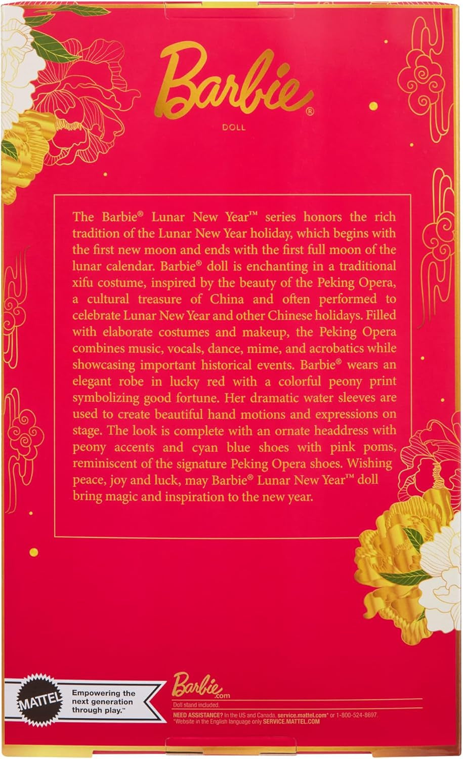 BARBIE Lunar New Year Barbie Puppe – Traditionelles Kleid in glücksbringendem Rot mit Pfingstrosenmuster, cyanblaue Schuhe mit pinken Troddeln, inspiriert von der Peking-Oper, HRM57