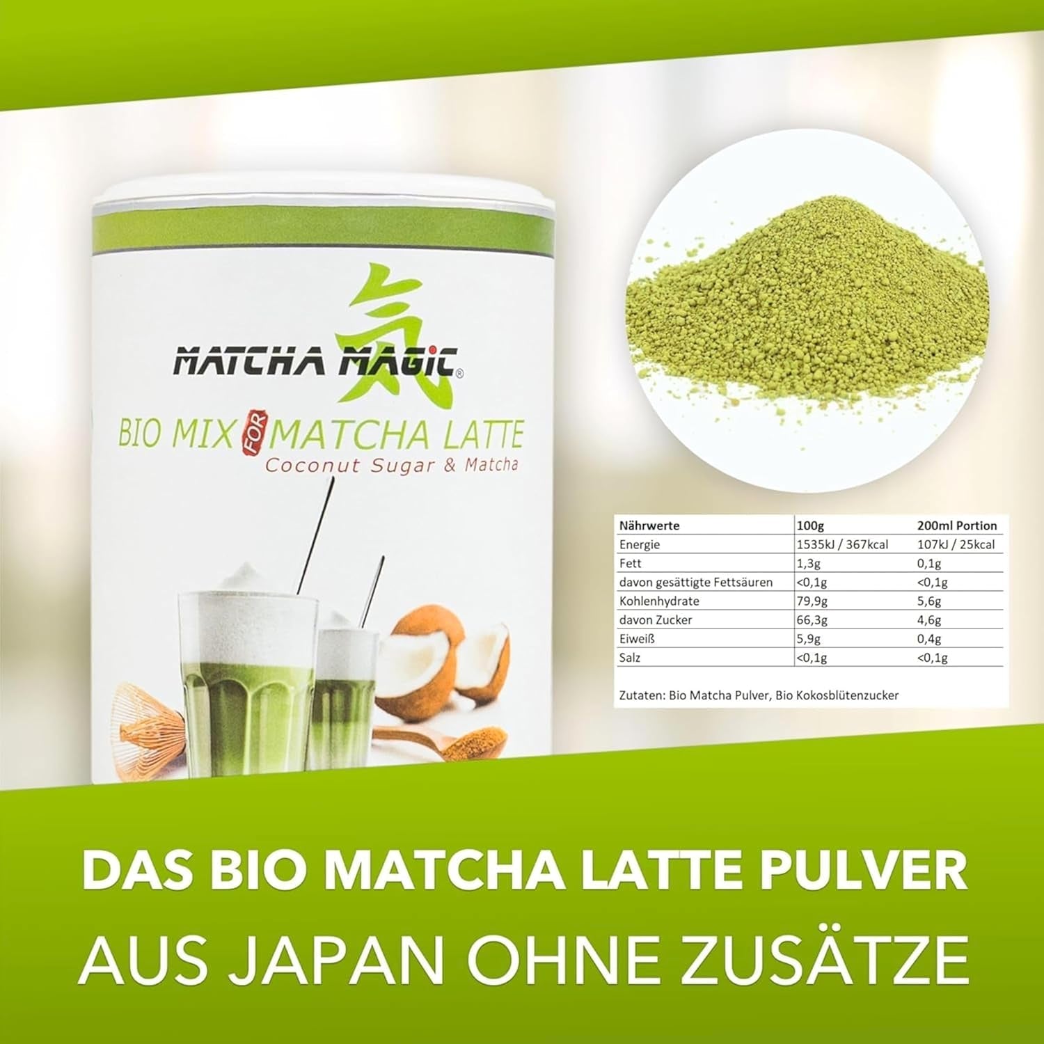 Matchamagic – Bio-Matcha-Latte-Pulver aus Japan mit Kokosblütenzucker für einen leckeren Tee