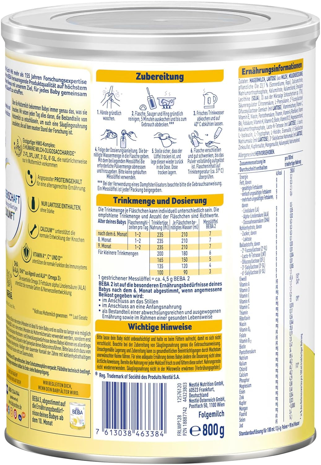BEBA 2 - Folgemilch nach 6 Monaten, mit 5 HMO-Komplex, altersgerechter Proteingehalt, laktosefrei, palmölfrei, fischölfrei, Babynahrung, Babymilchpulver, 3er Pack (3 x 800g)
