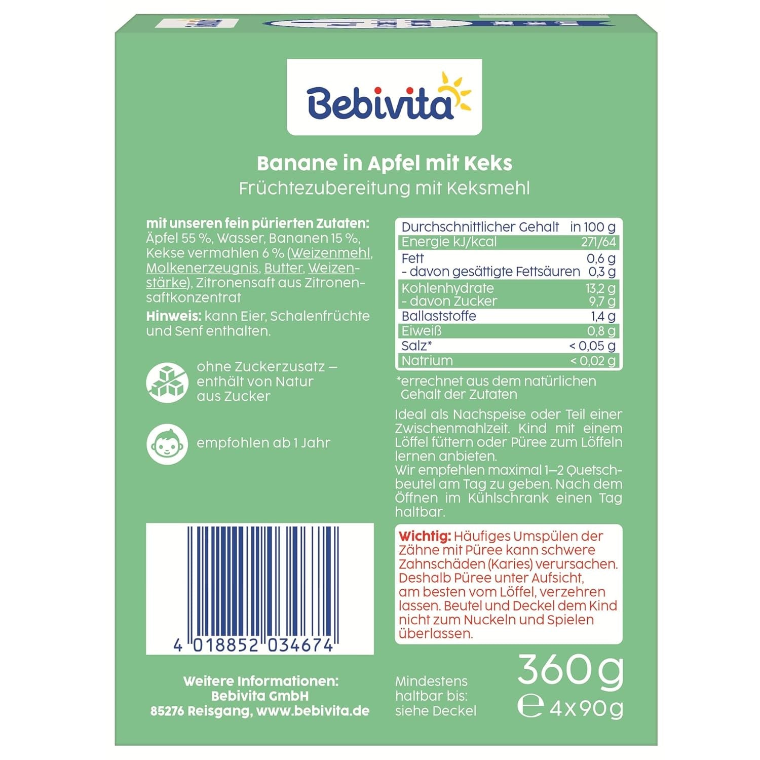 Banane in Apfel mit Keksen Wrap – 16 Stück (4 Packungen à 4 x 90 g), ohne Zuckerzusatz, hergestellt aus milden Früchten und bekömmlichen Körnern, ideal für Snacks zum Mitnehmen und für unterwegs