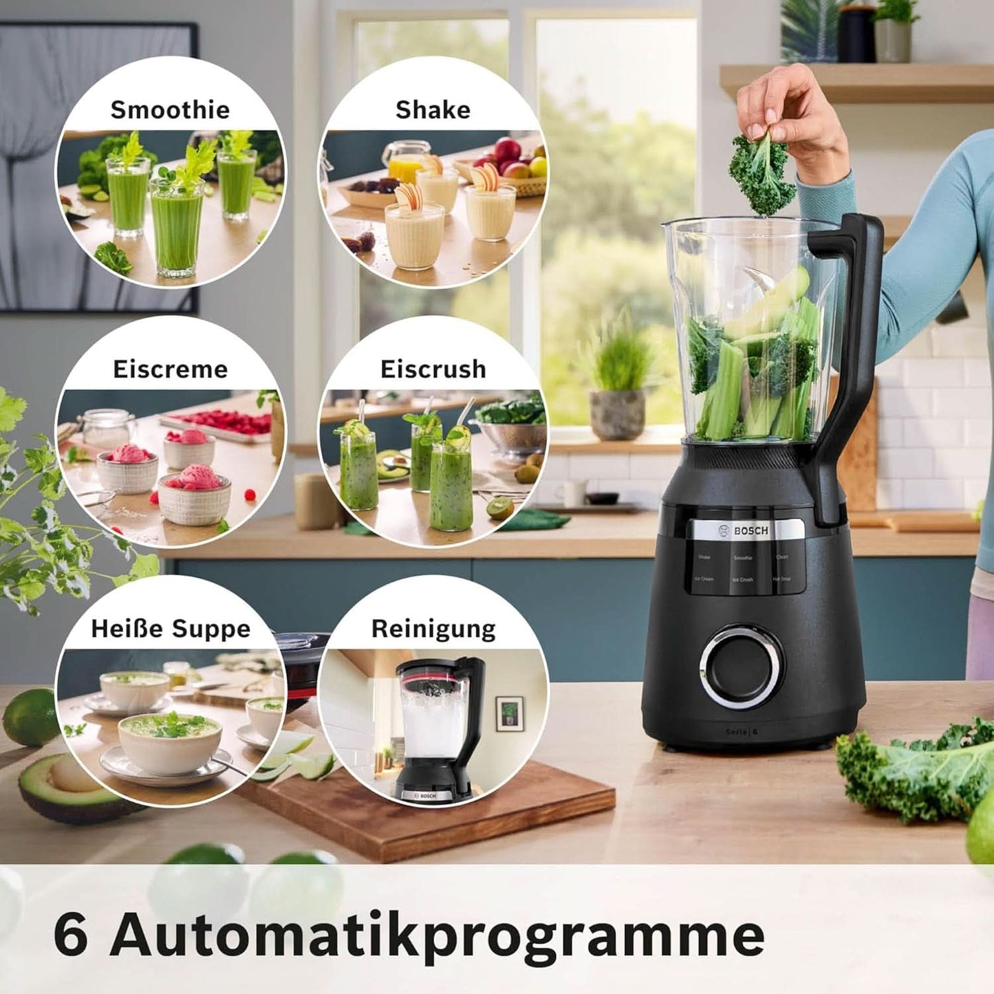 Highspeed-Standmixer Vitapower Serie 6 MMBD665B1, 45.000 U/Min, 6 Programme Inkl Heiße Suppe & Reinigung, 2 L Mixbehälter, Stopfer, Spülmaschinenfeste Teile, Made in Europe, 1800W, Schwarz Kitchen Naty Shop