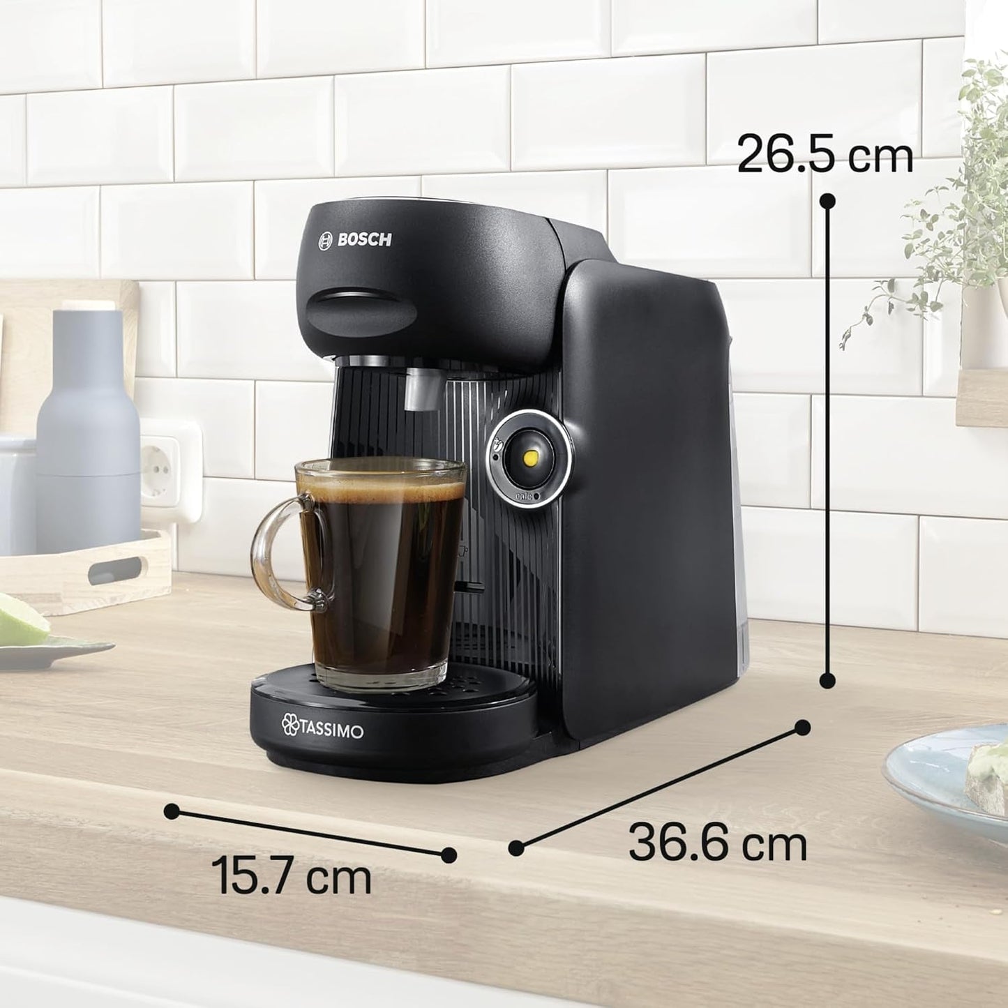 Bosch Tassimo finesse TAS162E Kapsel-Espressomaschine, 70 Getränke, intensiverer Kaffee auf Knopfdruck, automatische Abschaltung, nachhaltig, perfekte Dosierung, 1400 W, schwarz/schwarz