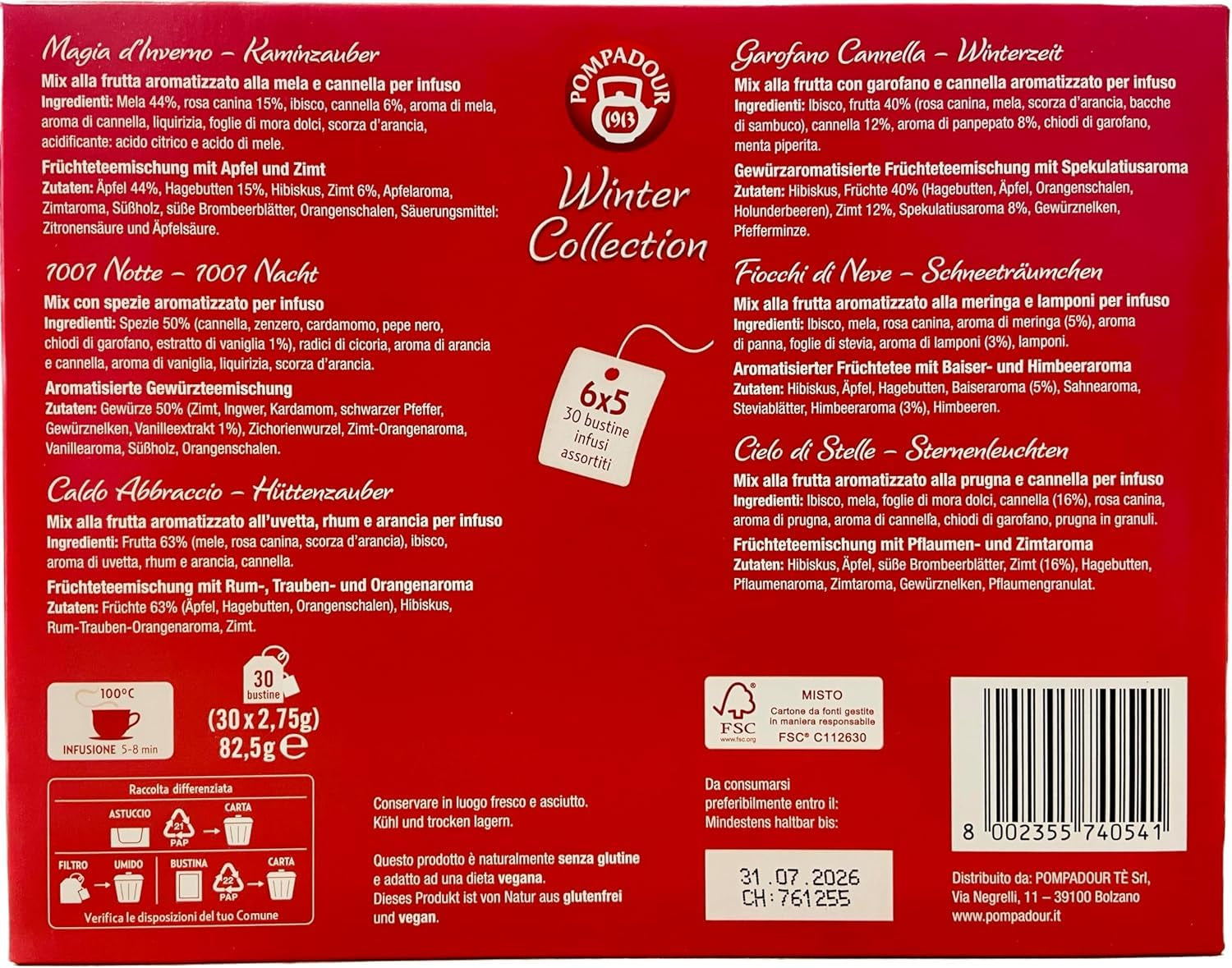 Pompadour 1913 Winter Collection Sortiment entkoffeinierter Früchte- und Kräutertees – 1 x 30 Teebeutel (82,5 Gramm)