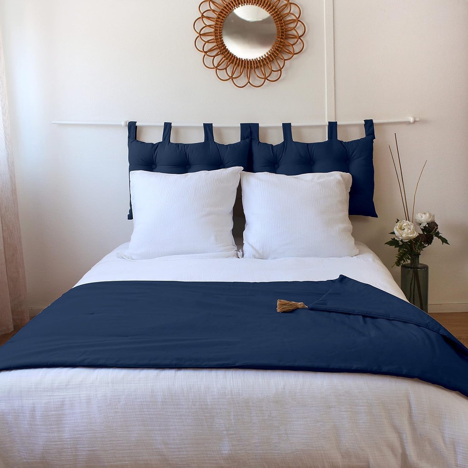 Enjoy Home - Panama-Kollektion - Steppdecke mit 4 Jutequasten - 100 % Baumwolle - Öko-Tex-Zertifikat - 90 x 190 cm - Farbe: Marineblau Steppdecken und Steppdecken Naty Shop