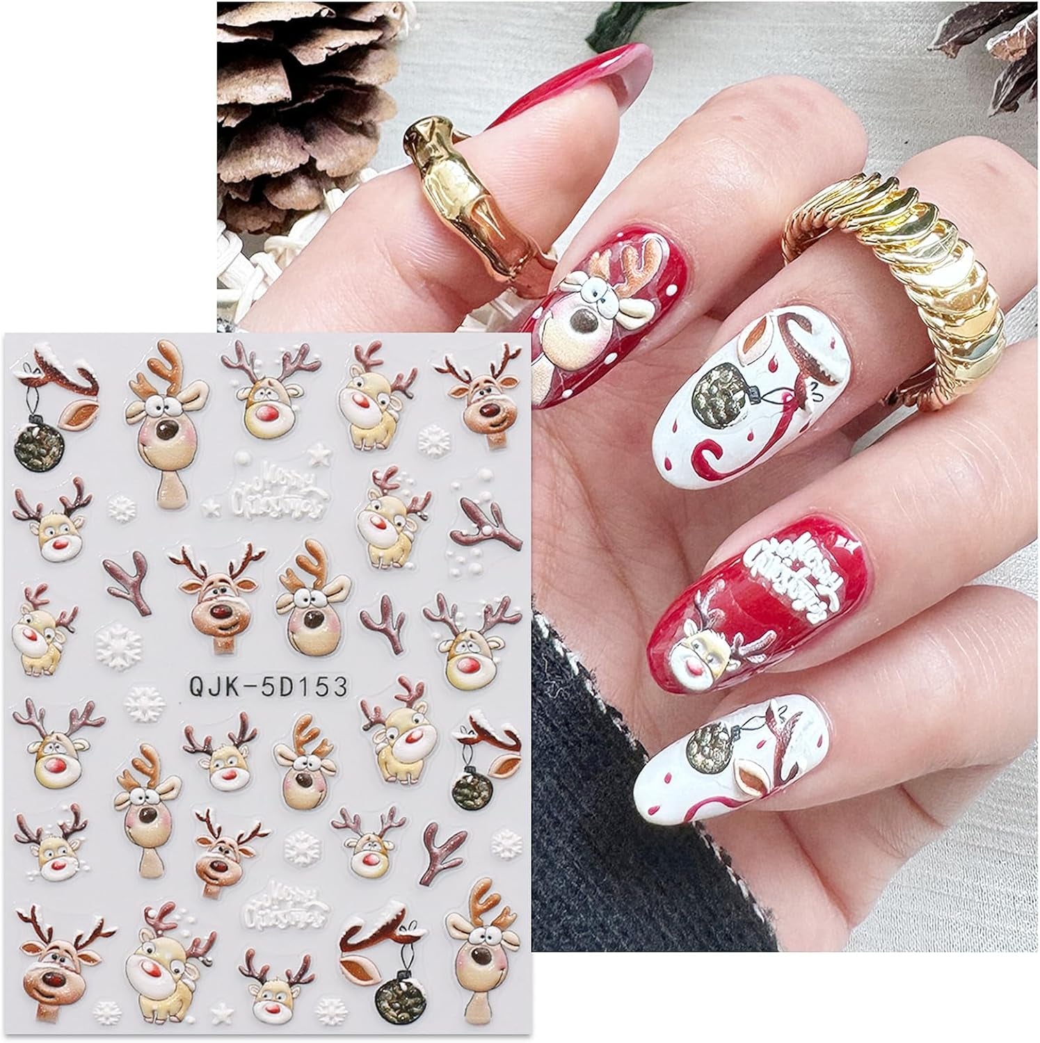JMEOWIO 3D Nagelsticker Weihnachten Nail Art Sticker Selbstklebend Nagelaufkleber 5D Stereoskopisch Schneeflocke Xmas Winterurlaub Niedliche Dekoration Nageldesign Zubehör 4 Blatt