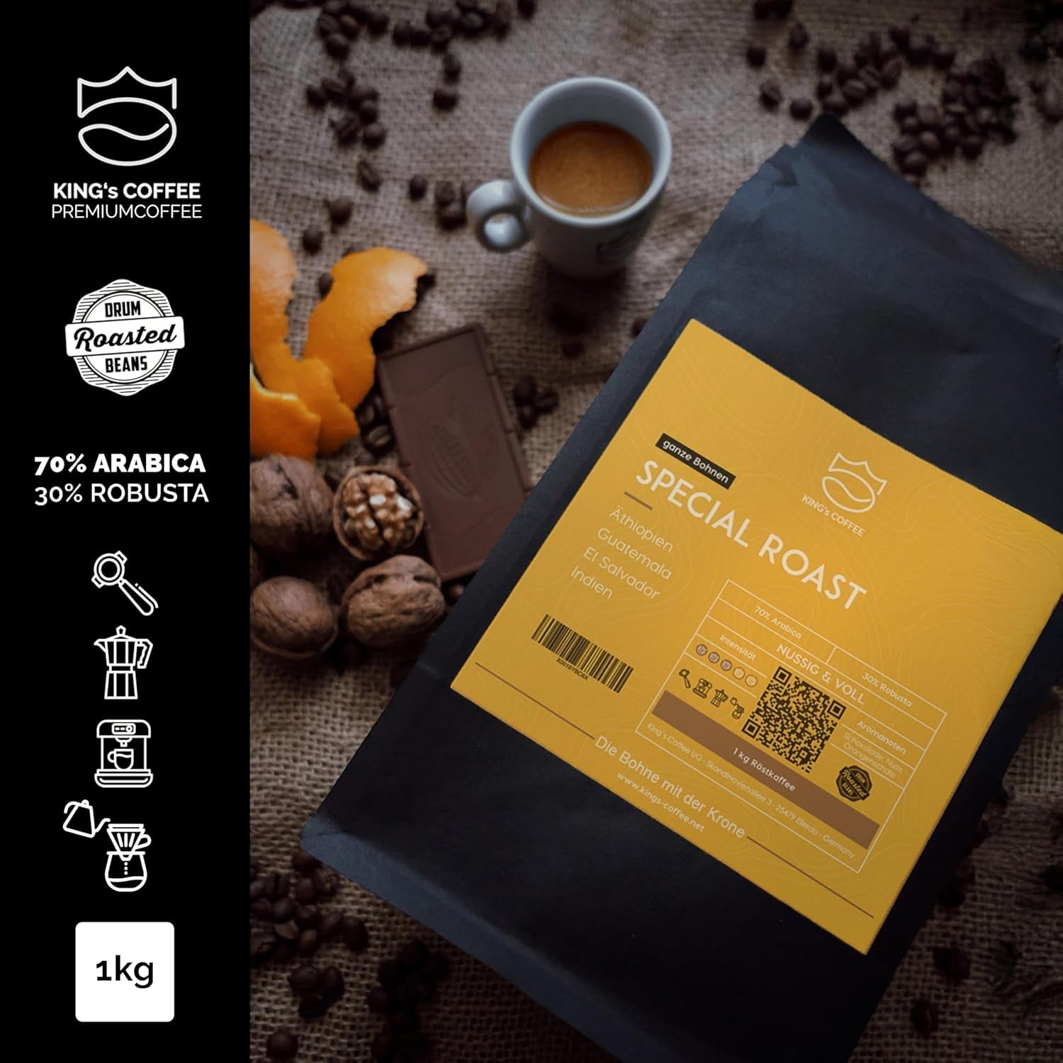 KING'S COFFEE – SPEZIALRÖSTUNG – 1 kg Barista Premium Espressobohnen – Kaffee mit niedrigem Säuregehalt – Röstung in kleinen Mengen in Italien – Die feinste Arabica-Robusta-Mischung für Vollautomaten und Siebträgermaschinen