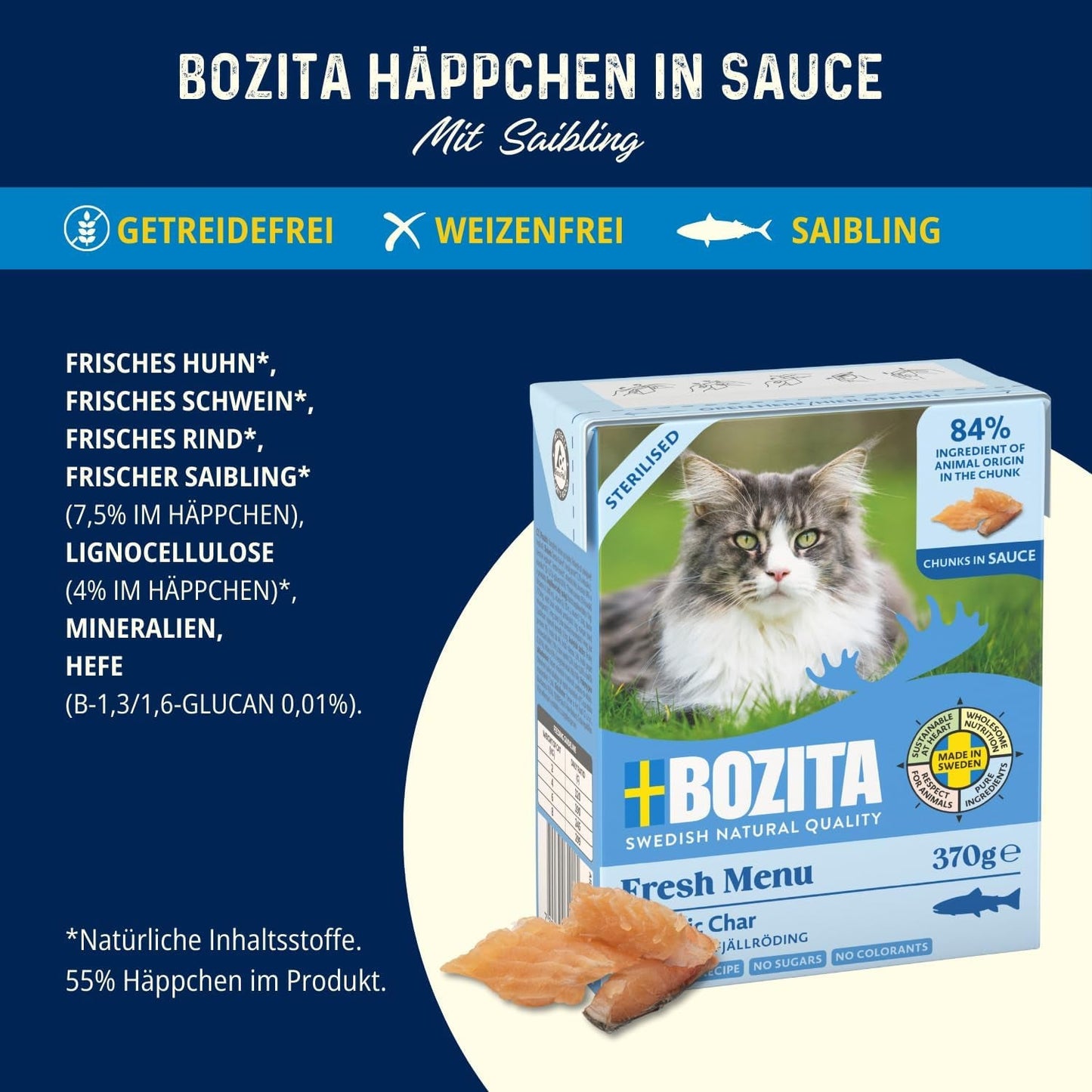 Bozita Tetra sterilisierte Stücke in Holzkohlesauce – 6 x 370 g getreide- und zuckerfreies Nassfutter für Katzen – gentechnikfrei, mit 8,5 % Protein und 4,5 % Fett – hochwertig und äußerst lecker