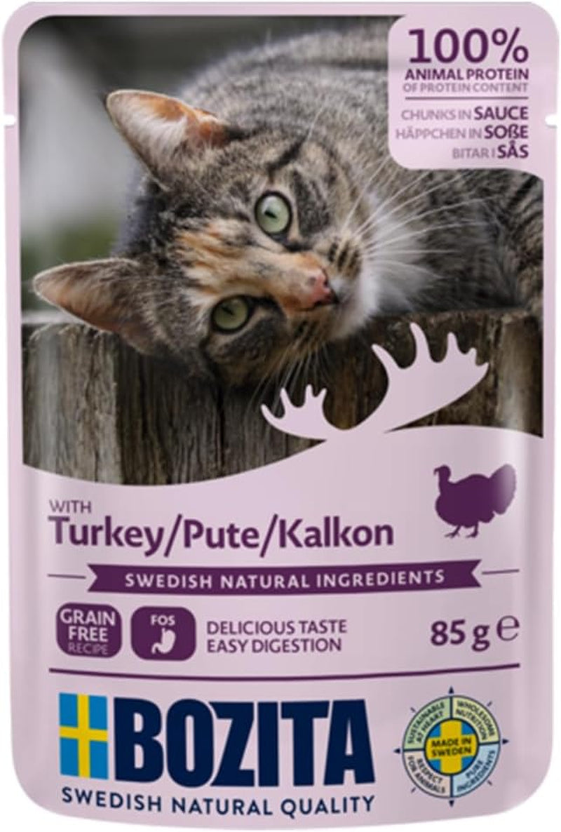 Bozita Beutel Nassfutter mit Stücken in Soße und Truthahn – 12 Portionsbeutel x 85 g Getreide- und weizenfreies Katzenfutter – Nassfutter für ausgewachsene Katzen mit 8,5 % Protein und 4,5 % Fett