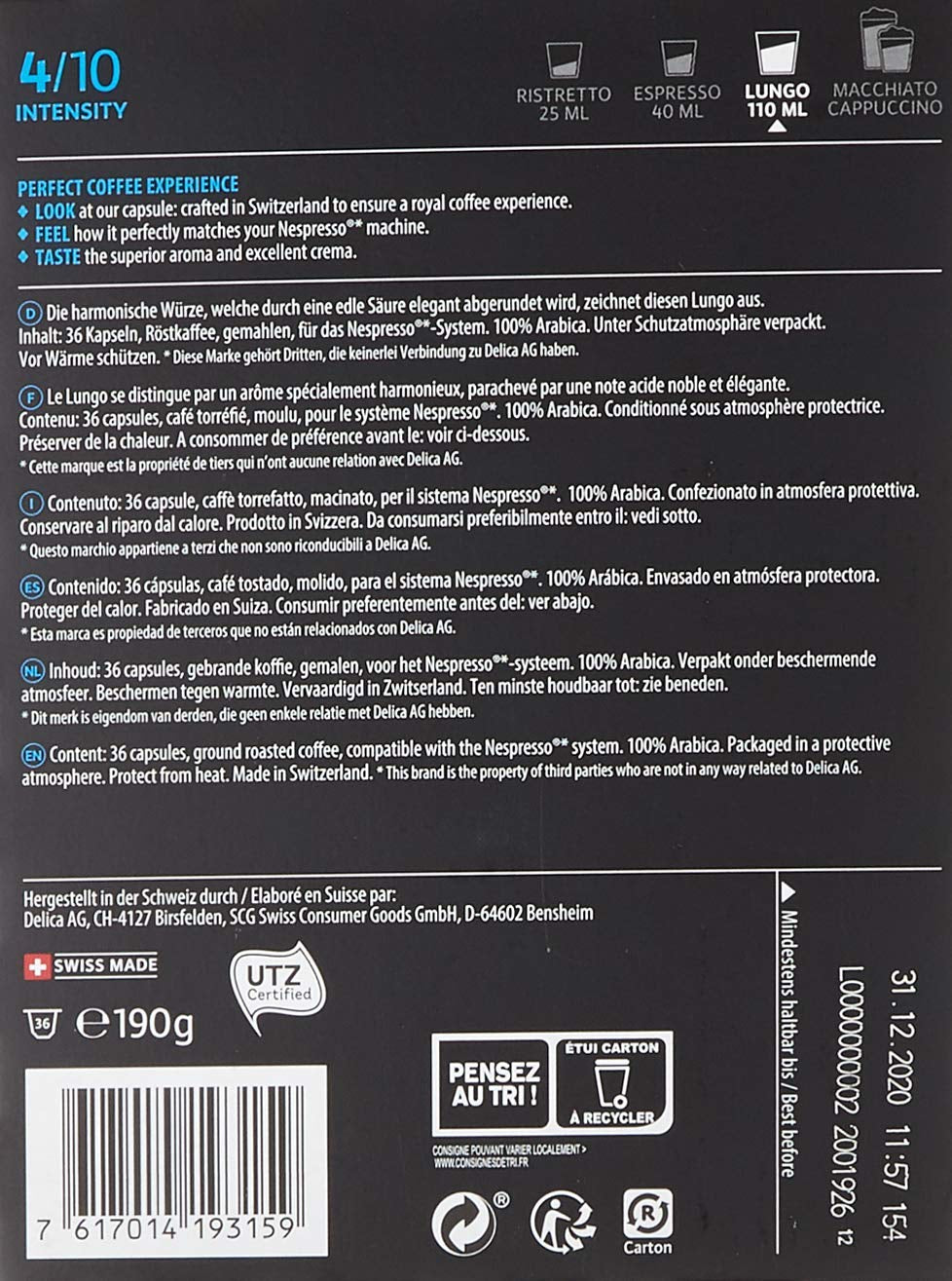 Café Royal Dark Chocolate Flavoured 100 Kapseln für Nespresso Kaffee Maschine – 4/10 Intensität – UTZ-zertifiziert, aus Aluminium & Lungo 36 Kapseln für Nespresso Kaffee Maschine – 4/10 Intensität