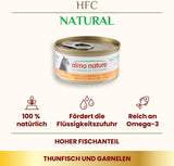 Almo Nature HFC natürliches Nassfutter für Katzen – Thunfisch und Garnelen, 24er-Pack (24 x 70 g)
