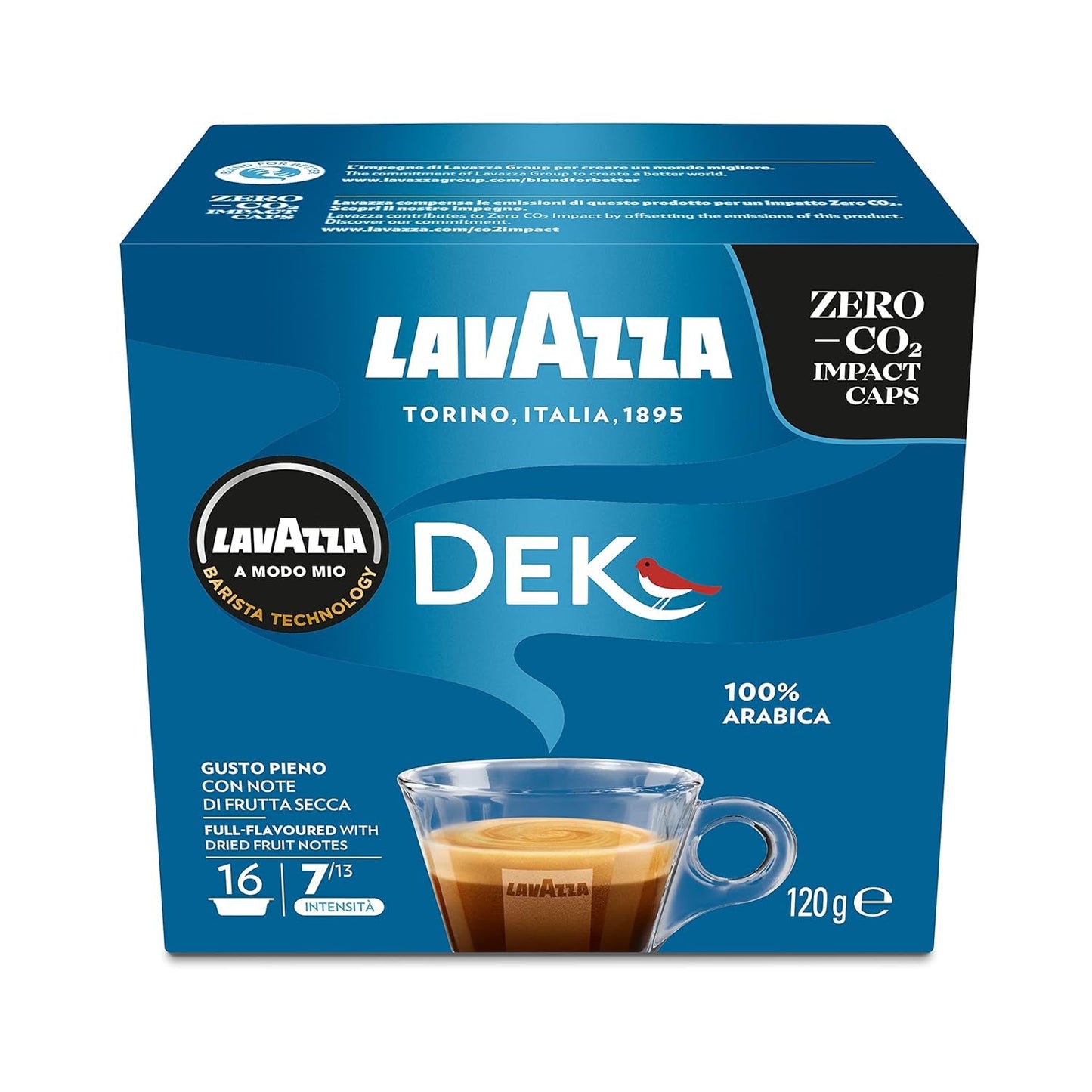Lavazza A Modo Mio Dek Cremoso, 256 Kaffeekapseln, für entkoffeinierten Espresso mit aromatischen Noten von Mandeln und Candidis, 100 % Arabica, Intensität 7/13, mittlere Röstung, 16 Packungen