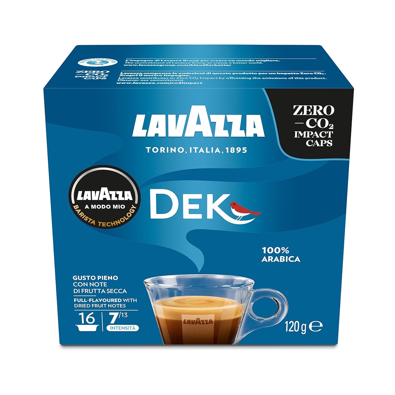 Lavazza A Modo Mio Dek Cremoso, 256 Kaffeekapseln, für entkoffeinierten Espresso mit aromatischen Noten von Mandeln und Candidis, 100 % Arabica, Intensität 7/13, mittlere Röstung, 16 Packungen
