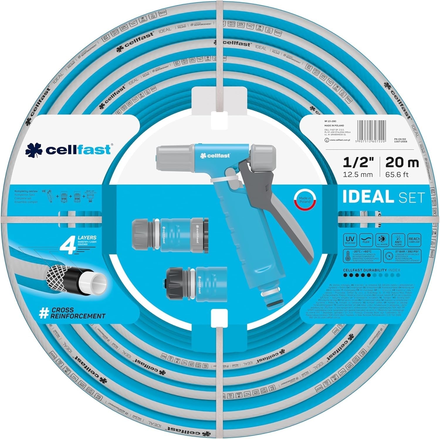 Cellfast Ideal Gartenschlauch-Set, robust, flexibel, 4-lagig, Sprinkler, UV- und algenbeständig, Reach-Technologie, 27 bar, -20/+60° kurzfristig, 1/2 Zoll, 20 m