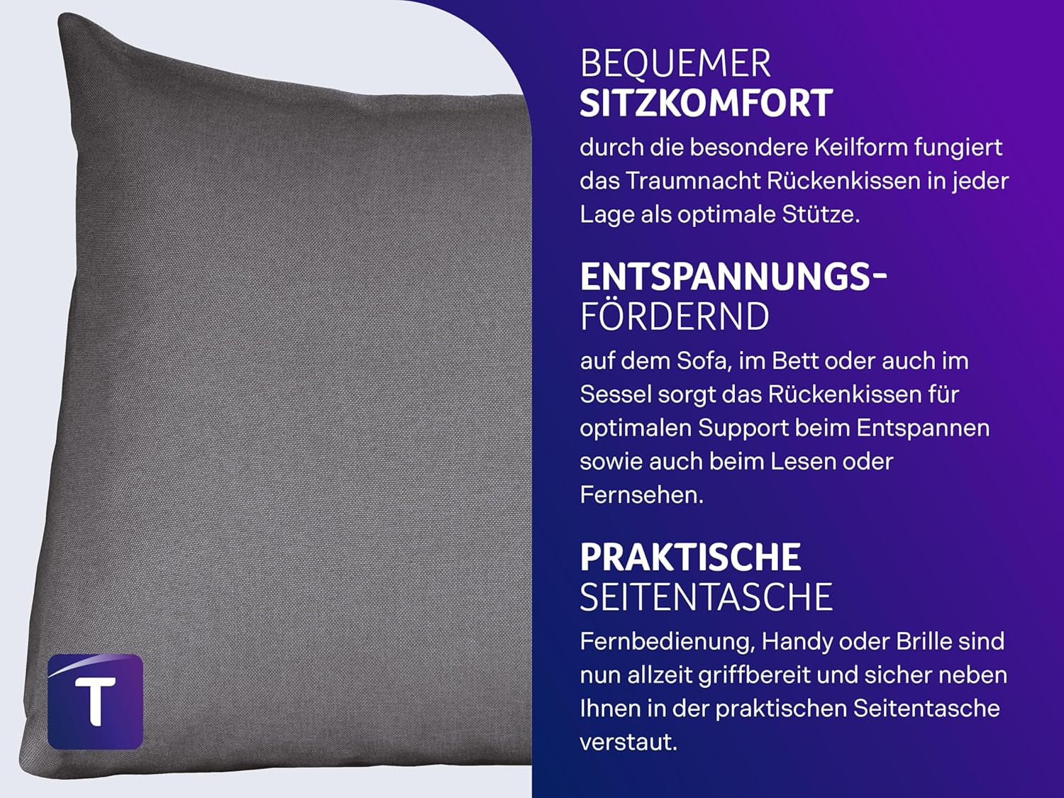 Lesekissen Traumnacht Kuscheliges Rückenkissen, 70 x 40 cm dunkelgrau, abnehmbarer und waschbarer Bezug aus 100 % Polyester, praktische Seitentasche, Öko-Tex zertifiziert, nach deutschen Qualitätsstandards produziert