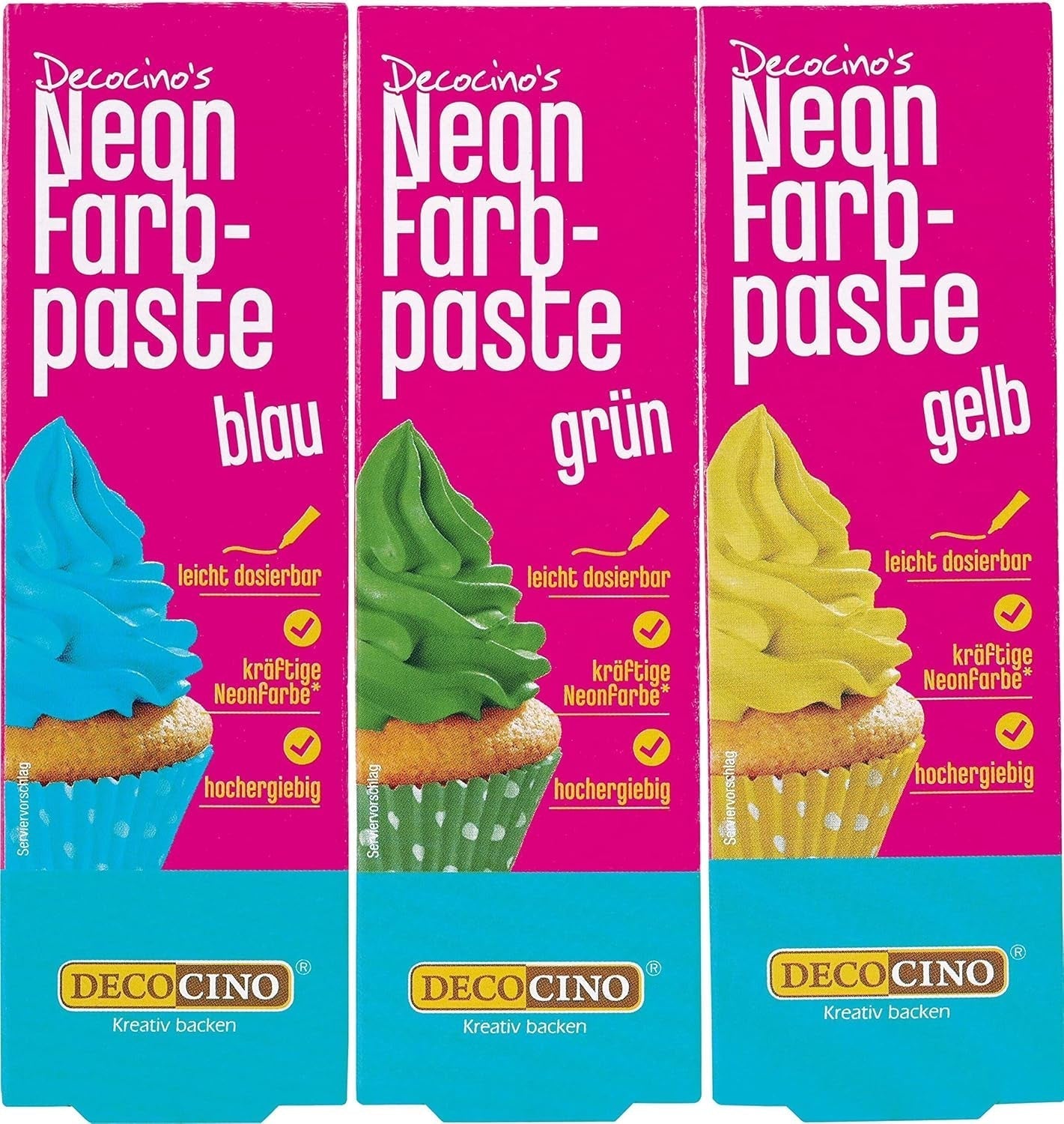 Decocino Neon-Lebensmittelfarben-Set – 3-teilig – Rot, Rosa, Lila – hochdosierte Lebensmittelfarbe – zum Einfärben von Kuchen, Muffins, Cupcakes – geschmacksneutral