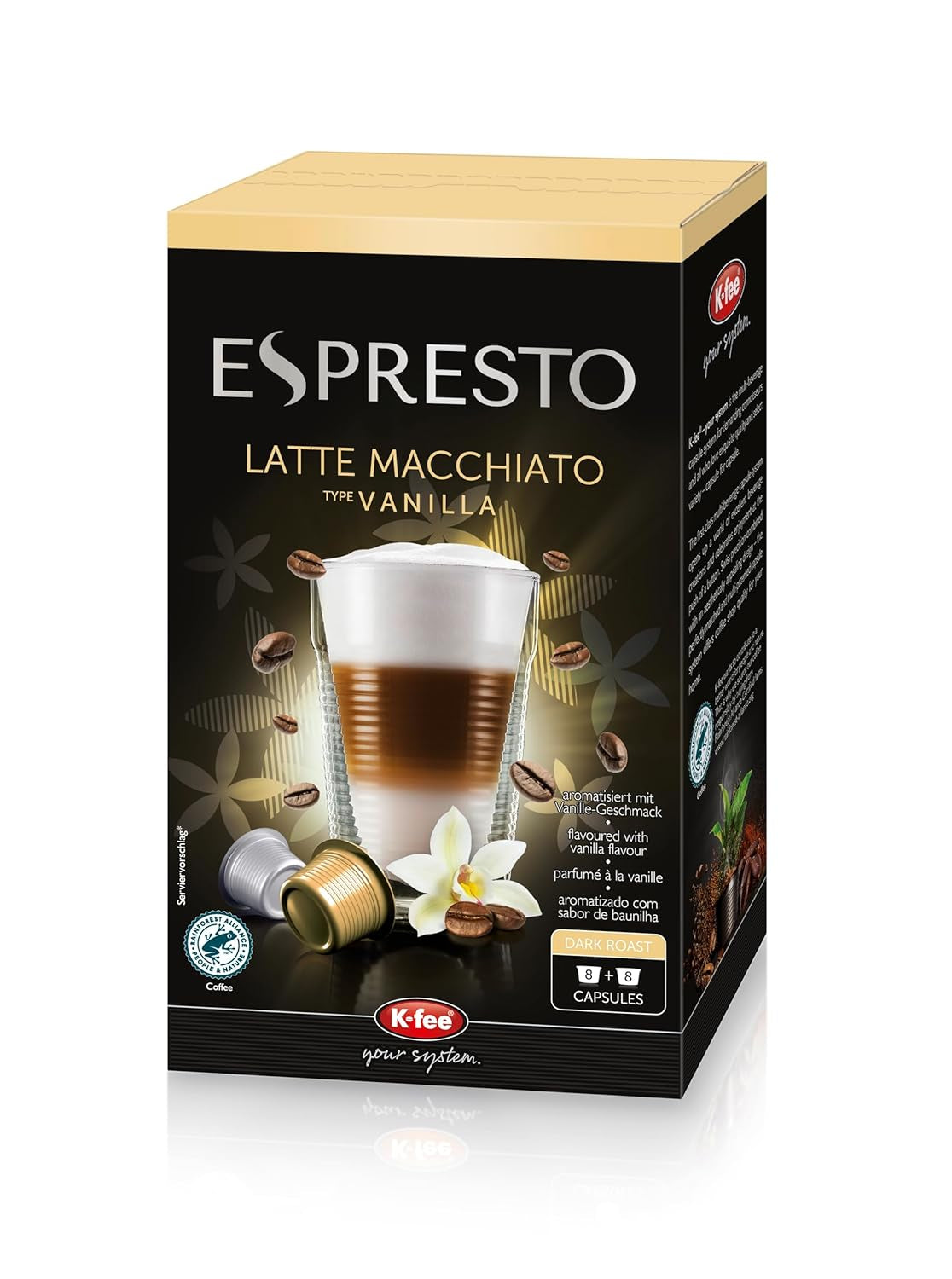 ESPRESTO Latte Macchiato Type Vanille, kompatibel mit K-fee & ALDI EXPRESSI*, RFA-zertifiziert, süß & harmonisch, 48 Kaffeekapseln & 48 Milchkapseln
