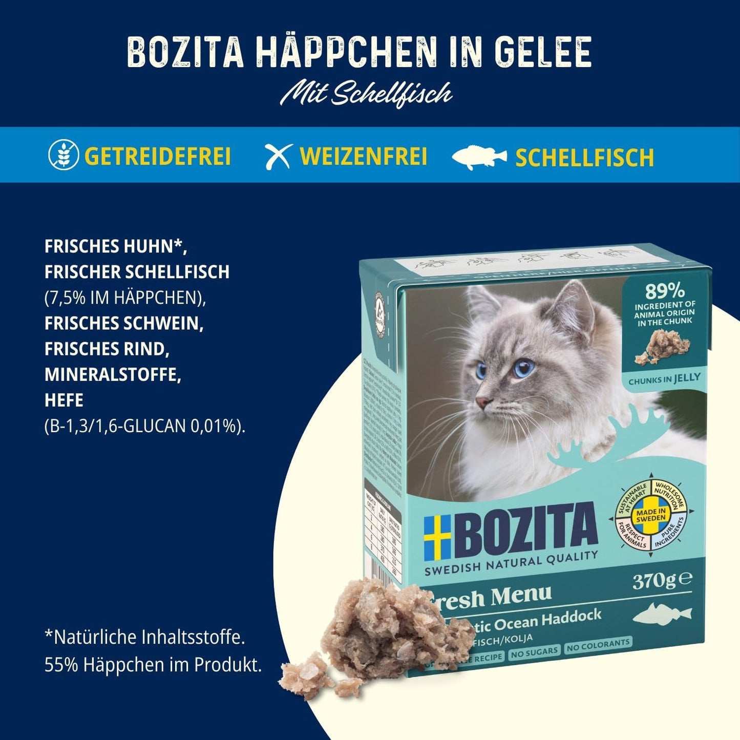 Bozita Tetra Nassfutter mit Schellfisch in Gelee – 6 x 370 g getreidefrei, ohne Zuckerzusatz und gentechnikfreies Katzenfutter – ausgewogen, lecker, mit 7,5 % Protein und 5 % Fett