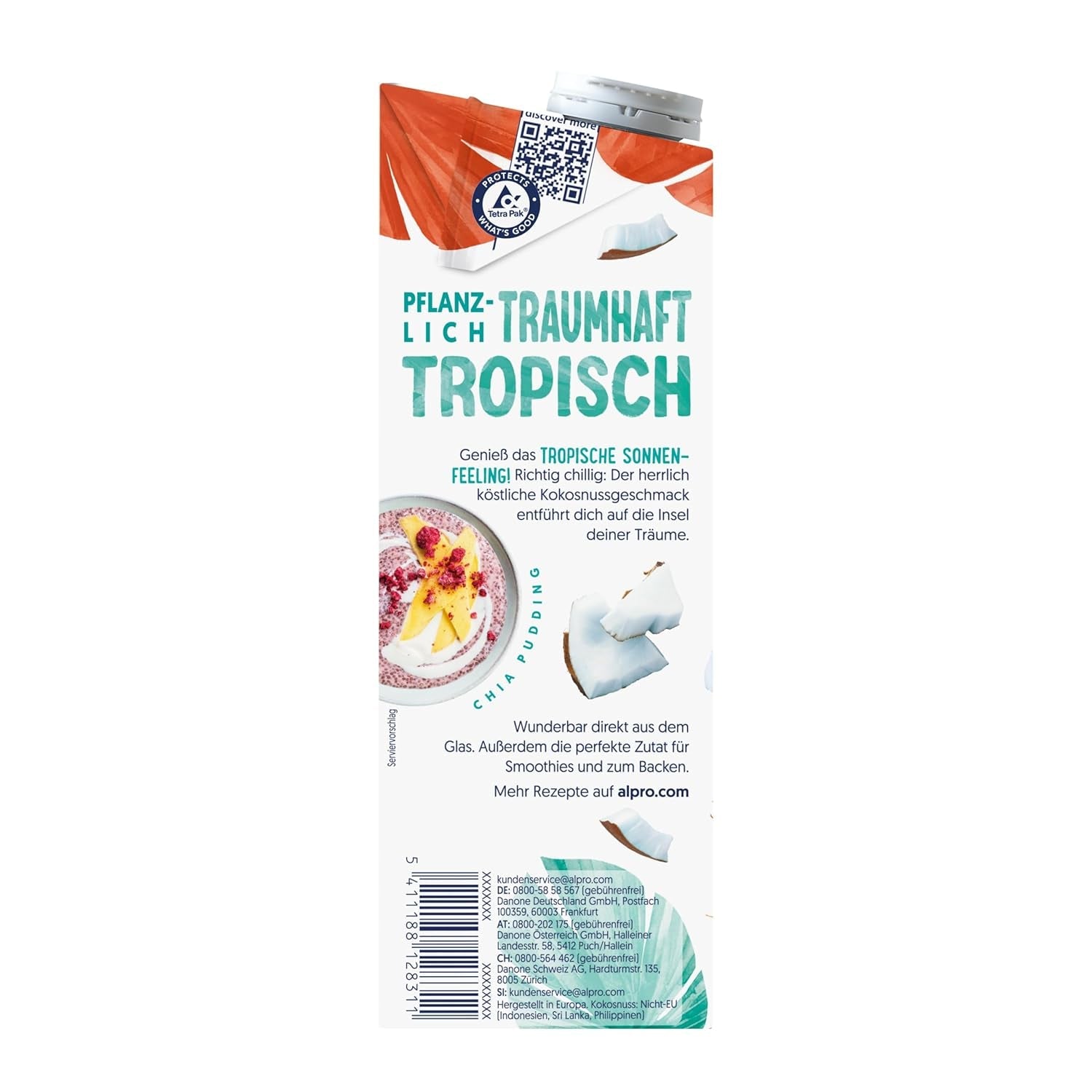 Alpro Kokosnussdrink ohne Zucker – Ohne Süßstoffe – Vegan und milchfrei – Von Natur aus laktosefrei und fettarm – Reich an Kalzium und Vitaminen – 8 x 1 L