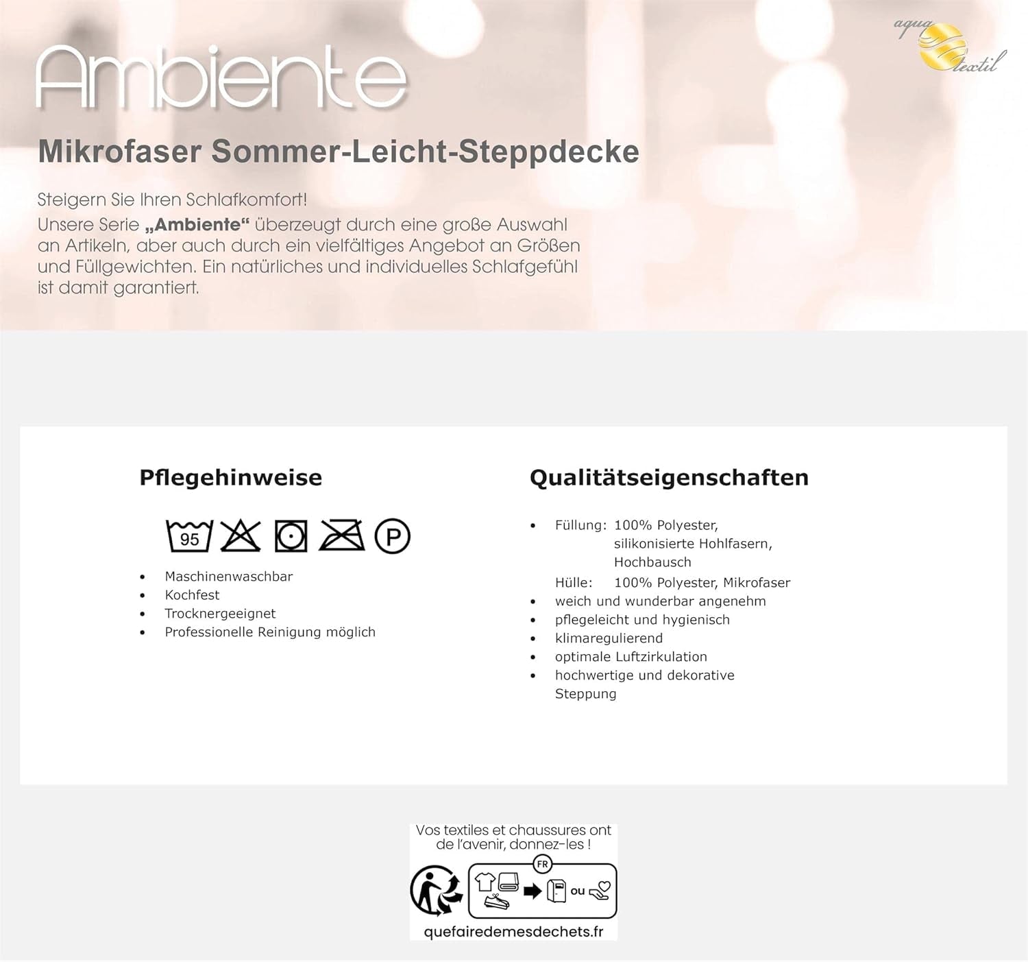Ambiente Sommerlichtdecke 220 x 240 cm Mikrofaserdecke atmungsaktiv Winter Sommer Steppdecken und Steppdecken Naty Shop