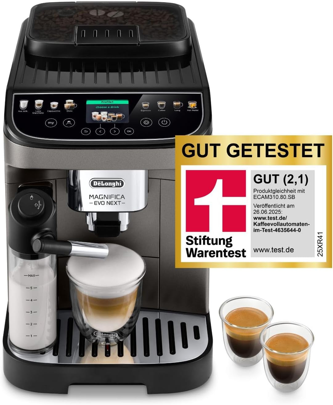 De'Longhi Magnifica Evo Next - Perfetto Vollautomatische Espressomaschine mit LatteCrema Milchaufschäumer, 13 One-Touch-Getränke, Kaffee- und Cappuccino-Zubereiter, Farb-Touchscreen, Titan (ECAM312.80.TB)