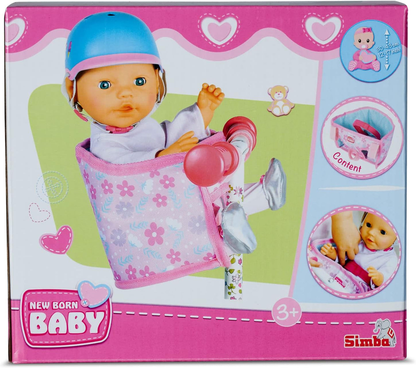 Simba 105560018 – Fahrradsitz für Neugeborene mit Gürtel, Puppenzubehör, Stoffsitz, Sicherheitsgurt, Klettverschluss-Lenker, für 30–43 cm große Puppen, ab 3 Jahren