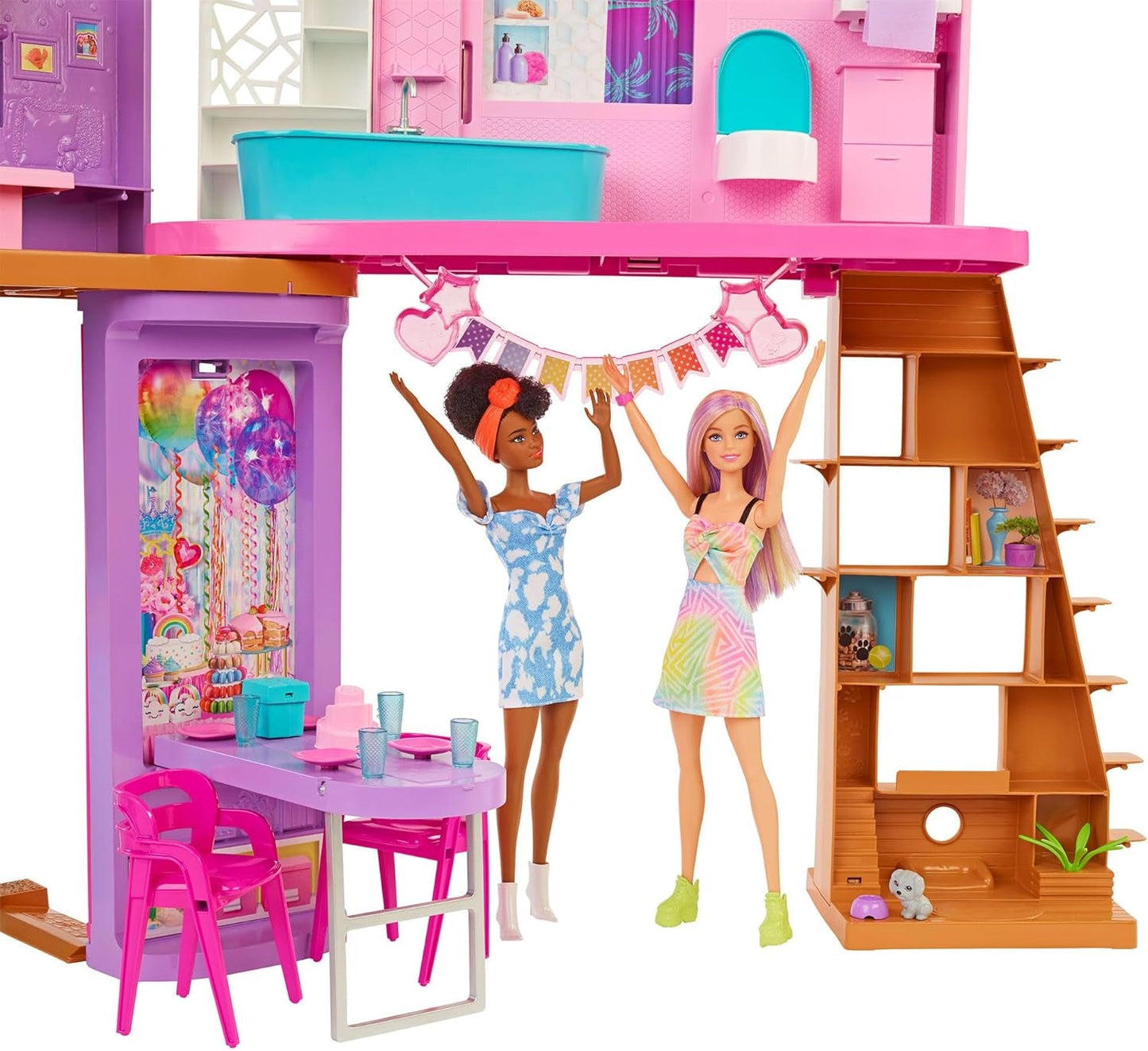 Barbie-Ferienhaus (116 x 77,9 cm), 6-Sitzer-Spielhaus, komplett möbliert mit Zubehör, Möbeln und Aufzug, faltbar und Aufbewahrung, Puppe, Geschenk für Kinder ab 3 Jahren, HCD50
