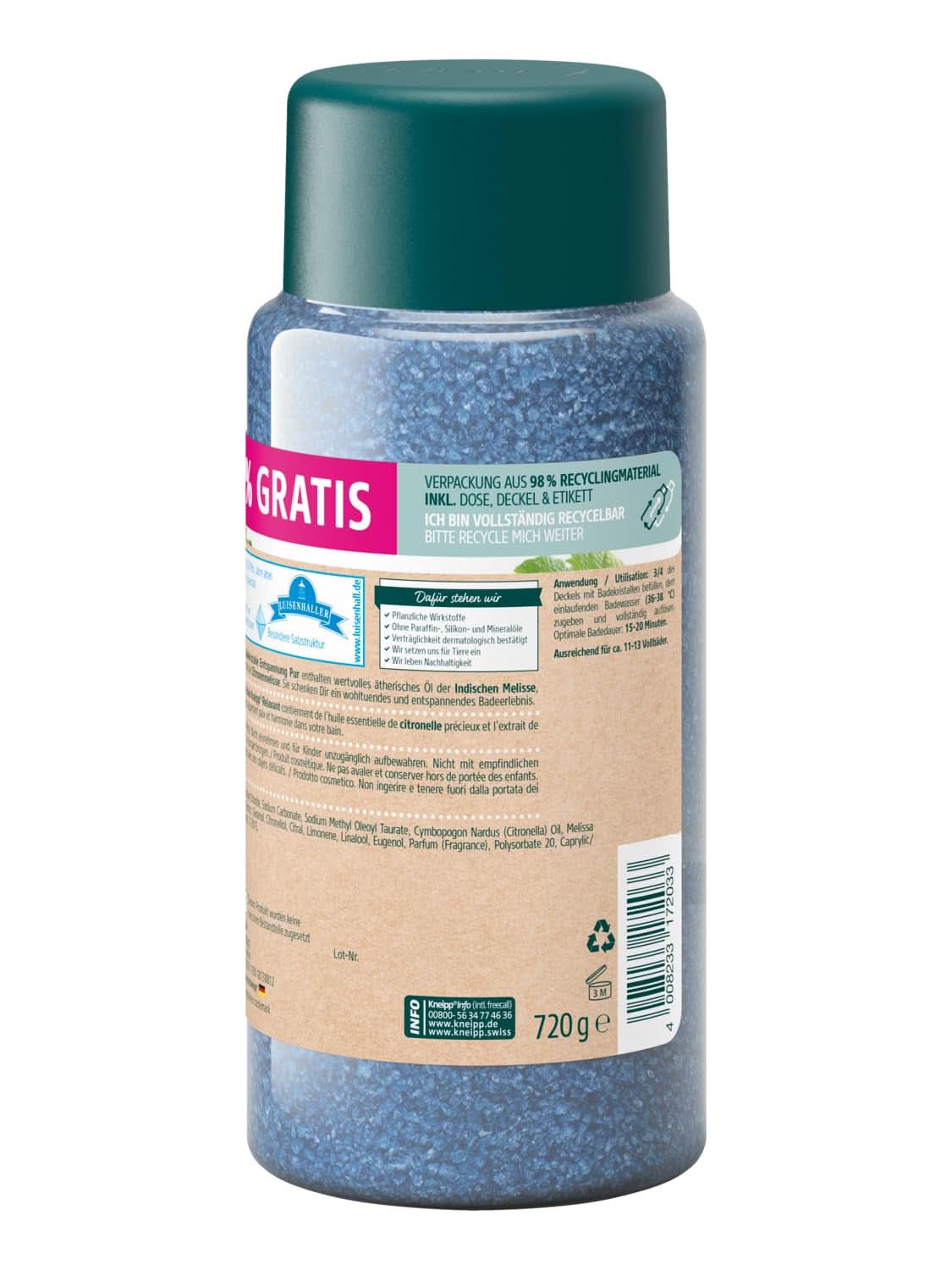 Kneipp Badekristalle pure Entspannung – Sondergröße – mit natürlichem Luisenhaller Salz, Tiefensalz und indischem Zitronenmelissenöl und Zitronenmelissenextrakt, limitierte Auflage, 720 g, Naty Shop Dusche & Bad