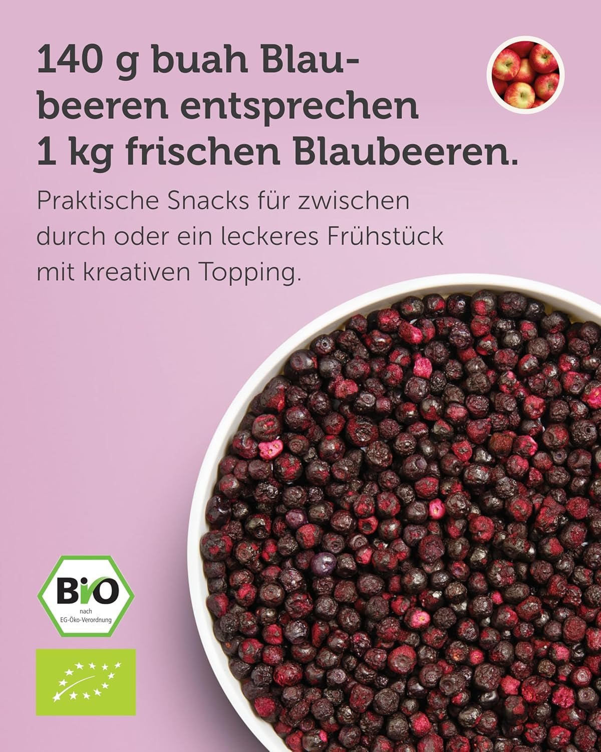 Gefriergetrocknete Bio-Heidelbeeren BUAH® | Gefriergetrocknete Bio-Blaubeeren ohne Zuckerzusatz | 100 % gefriergetrocknete Früchte (vegan, glutenfrei, laktosefrei) | Idealer Snack (140 g). Dehydrierte Produkte von Naty Shop