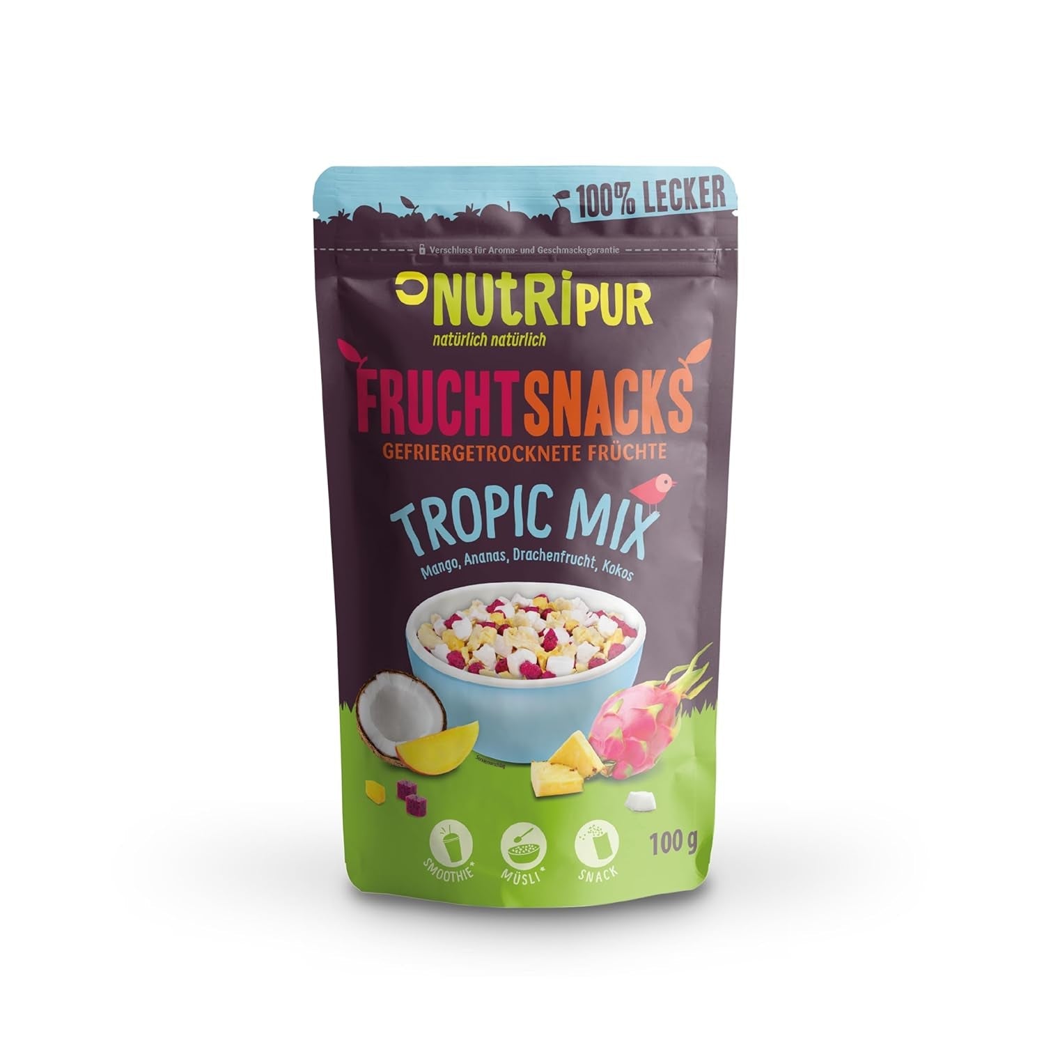 Mischung aus gefriergetrockneten Früchten „Tropic-Mix“ 100g I Waldfrüchte und Trockenfrüchte I Mischung aus Kokosnuss, Drachenfrucht, Mango und Ananas I NutriPur Dehydrierte Produkte Naty Shop Standardtitel