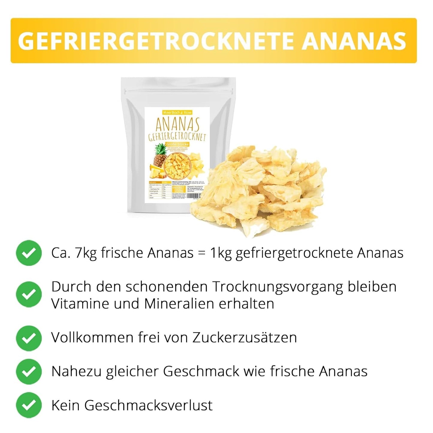 Gefriergetrocknete Ananas 250g, große Stücke, gefriergetrocknete Früchte in Scheiben, ungesüßt, fruchtige Ananasstücke, getrocknete Ananas Dehydrierte Produkte Naty Shop
