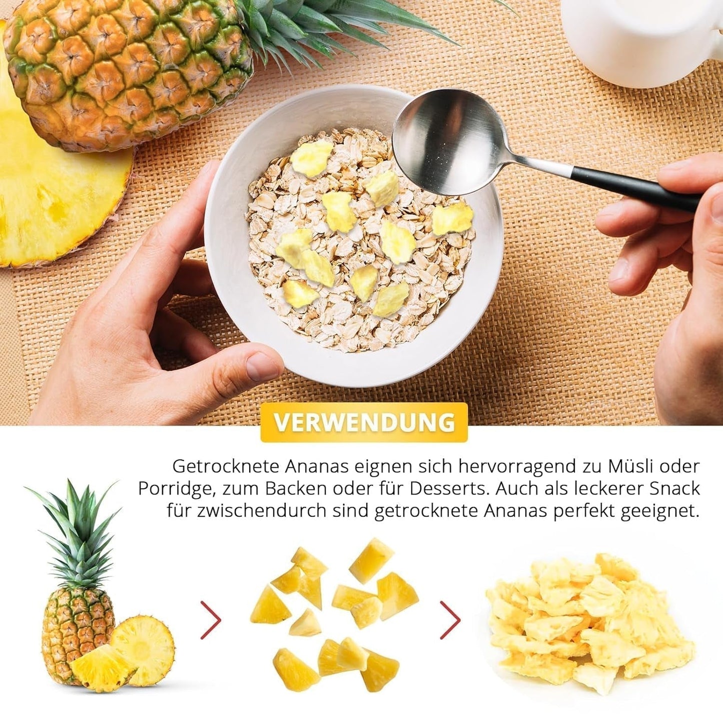 Gefriergetrocknete Ananas 250g, große Stücke, gefriergetrocknete Früchte in Scheiben, ungesüßt, fruchtige Ananasstücke, getrocknete Ananas Dehydrierte Produkte Naty Shop
