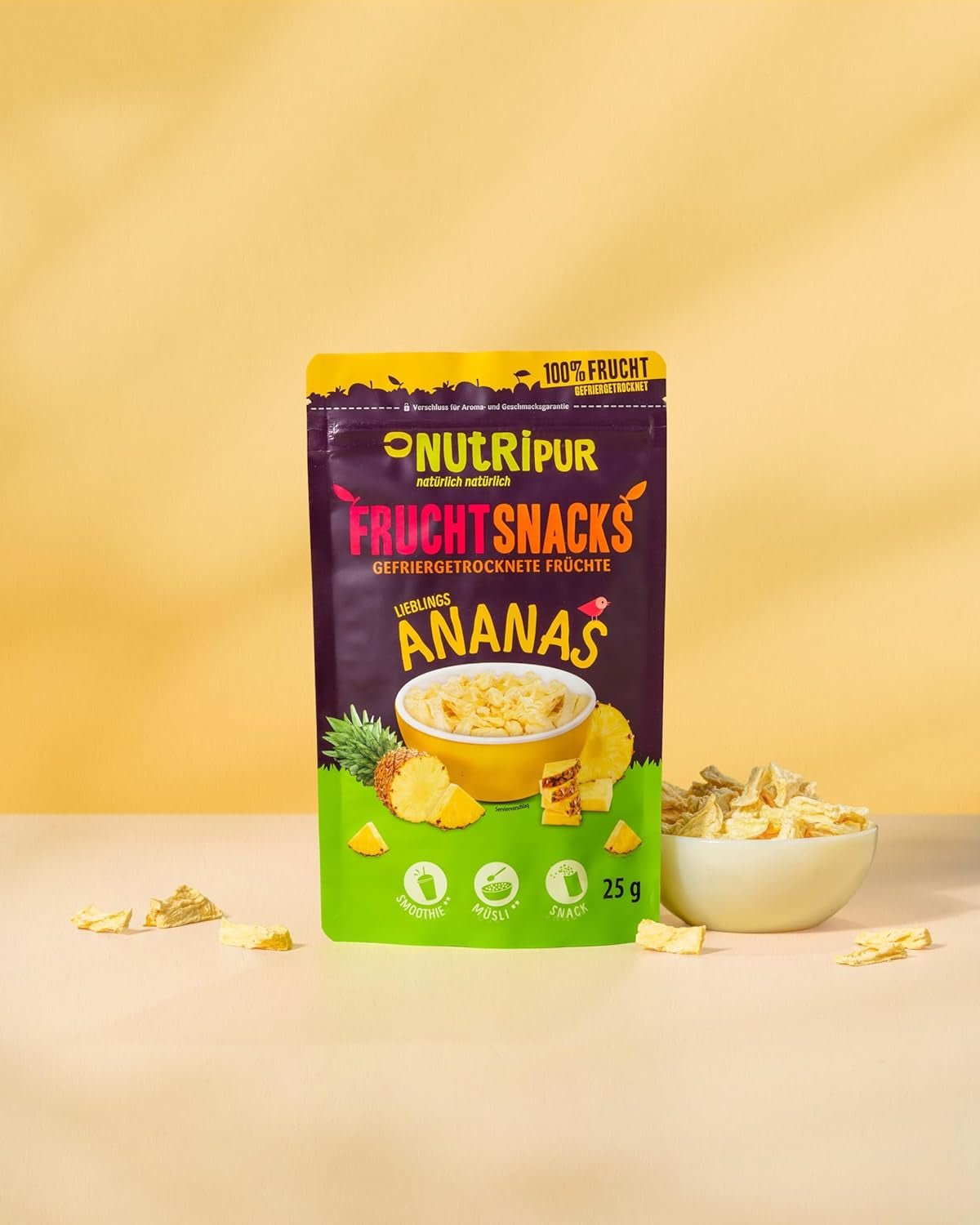 Gefriergetrocknete Ananas BITS 100g große Stücke für Smoothie Bowls, Müsli, Porridge Topping - gefriergetrocknete Früchte ohne Zuckerzusatz - getrocknete Ananas - Früchte von NutriPur Dehydrierte Produkte Naty Shop