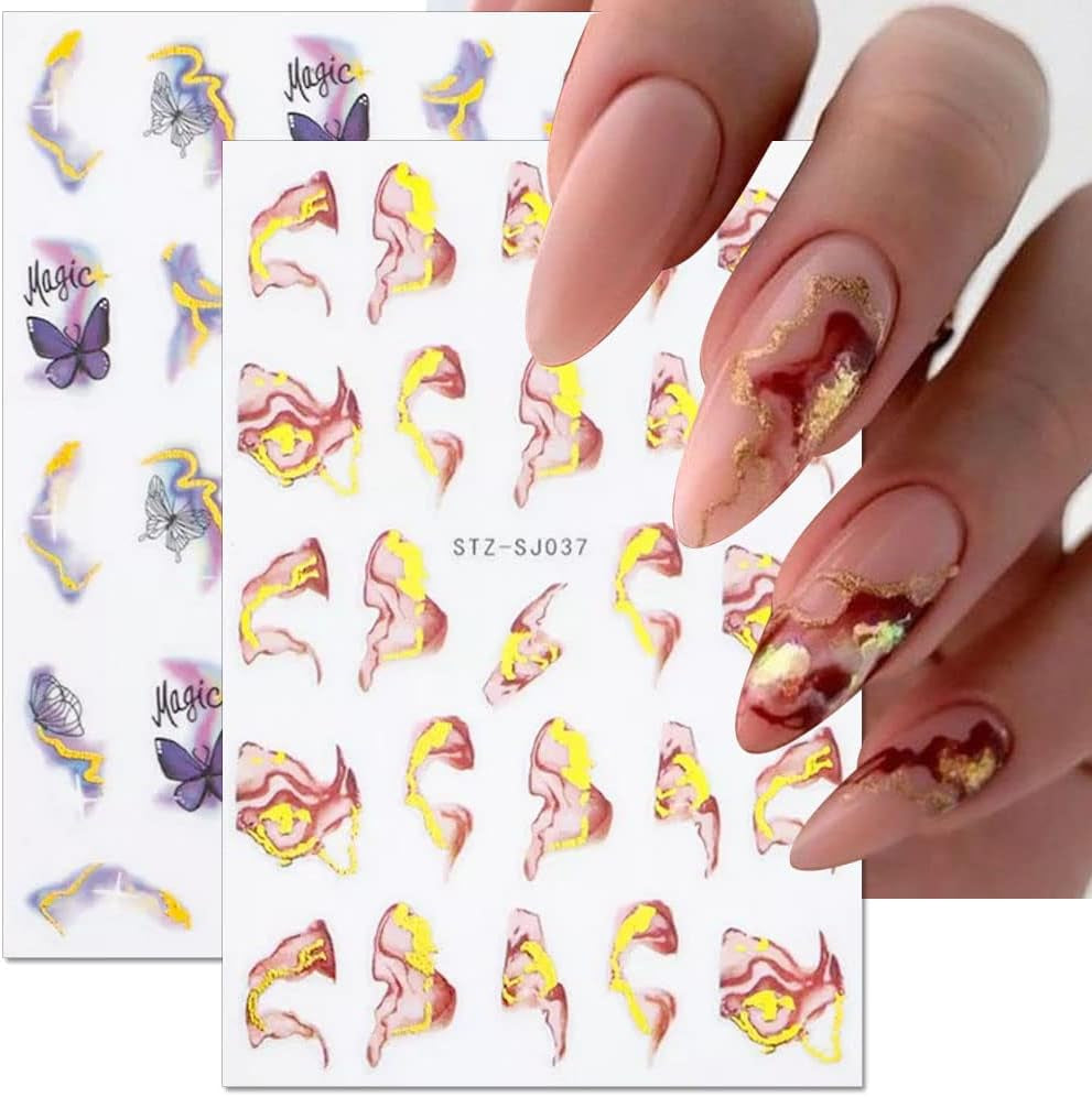 6 Blatt 3D Lila Schmetterling Nagelstickers Selbstklebend Nagelaufkleber Schmetterlinge Nail Sticker Bunte Blühen Marmor Nagel Aufkleber Regenbogen Welle Linien Nail Art Aufkleber Nageldesign Zubehör