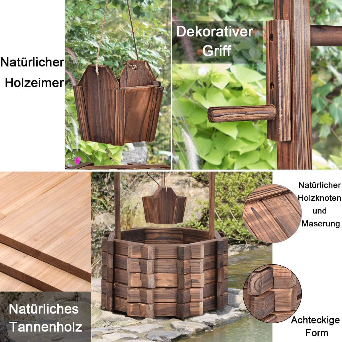 Holzbrunnen 56x56x114cm mit Dach, Wunschbrunnen, Gartendekoration, Blumentöpfe, Dekobrunnen, Blumentöpfe, Braun