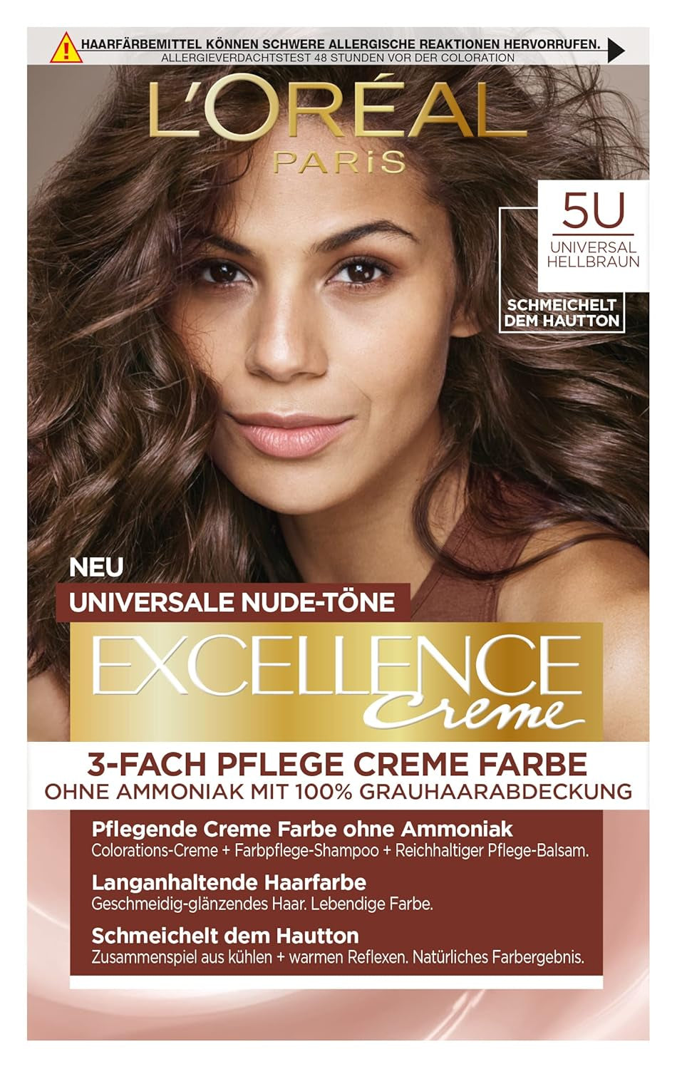 L'Oréal Paris Permanente Haarfarbe für jeden Hautton, Färben ohne Ammoniak, universelle Nude-Töne mit vollständiger Abdeckung grauer Haare, Excellence Creme, Nr. 5U Hellkastanie (braun), 1 Stück Naty Shop Haarfärbemittel