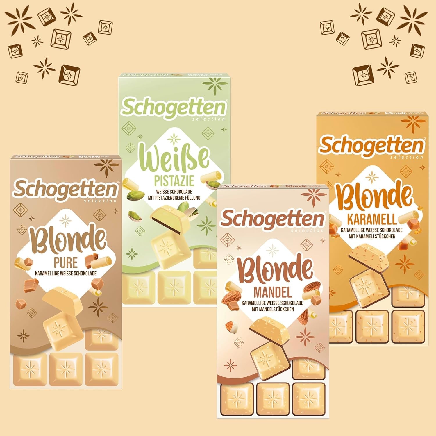 Schogetten Blondes Karamell | Karamell mit weißer Schokolade und Karamellstückchen | Schokoriegel 100g | Praktisch portioniert