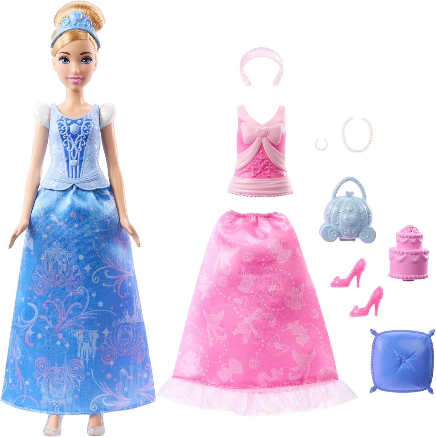 Mattel Disney Princess Toys Cinderella-Modepuppe mit 2 Outfits, 9 Accessoires, 2 Oberteilen mit Clips und 2 Röcken. 2-in-1-Geschichten, inspiriert vom Disney-Film JCR95