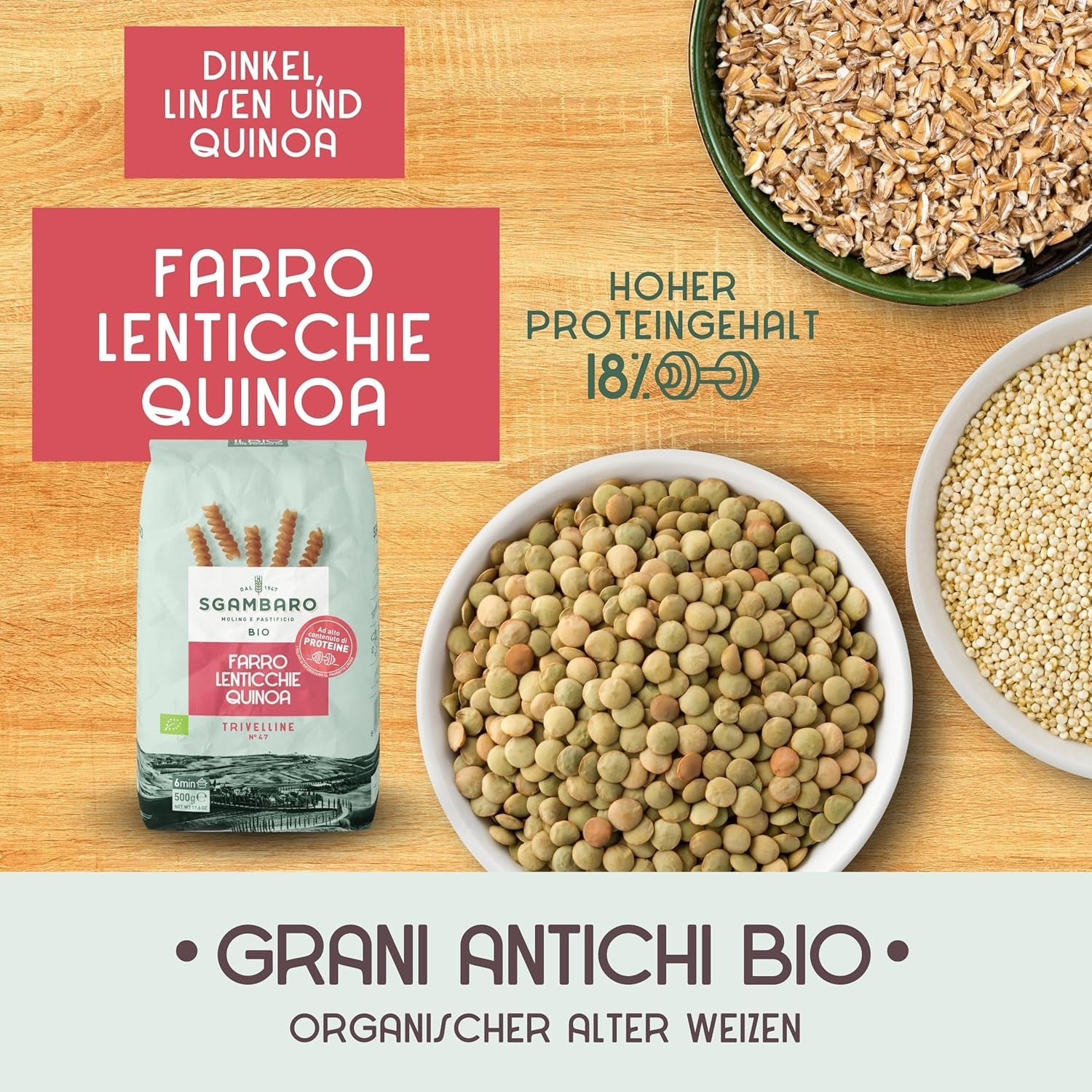 Bio-Nudeln Trivelline N.47 – 500 g mit Dinkelmehl, Linsenmehl und Quinoamehl – ​​Reich an Proteinen, Ballaststoff- und Proteinquelle