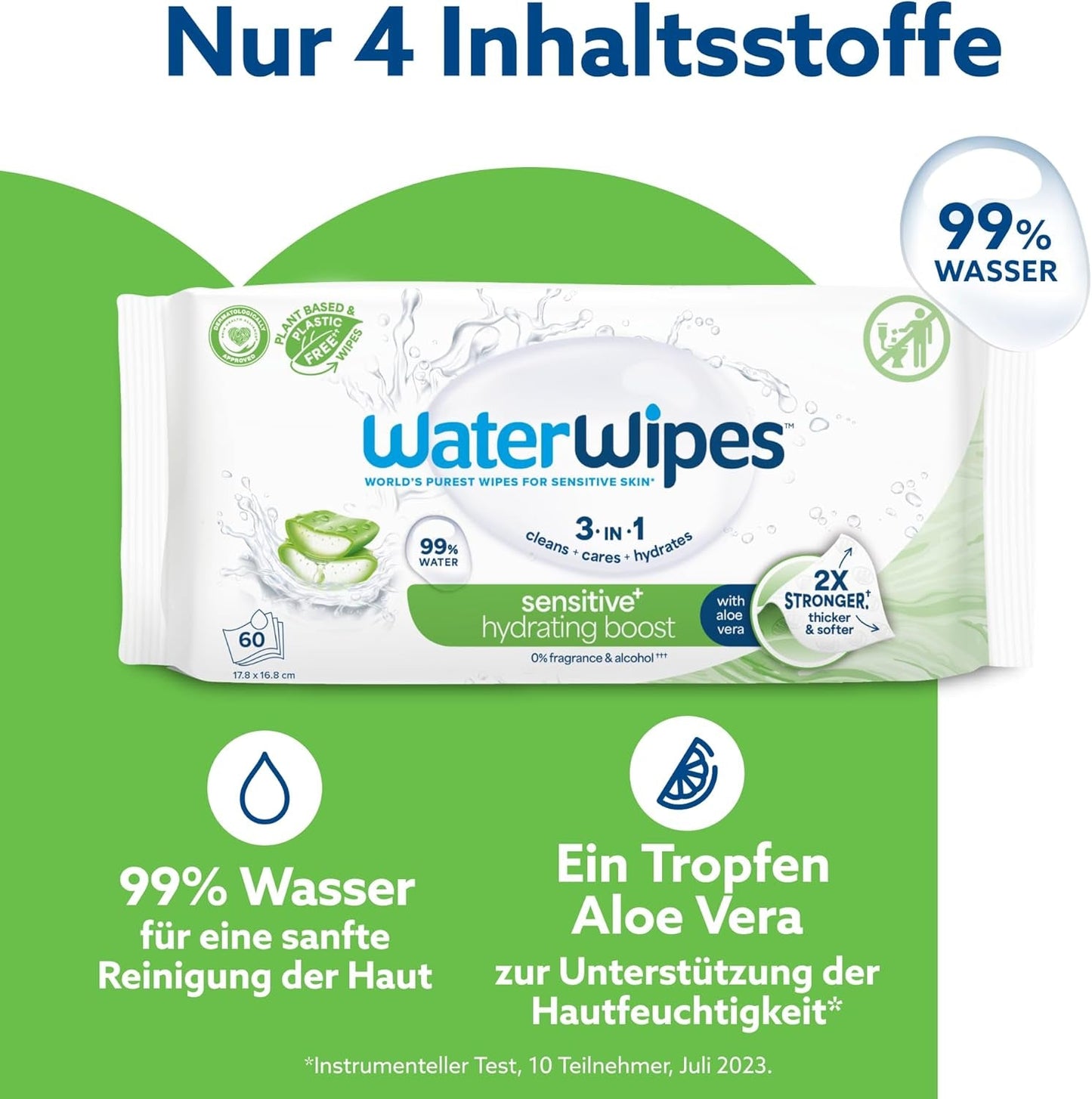 WaterWipes Sensitive+ Hydrating Boost Feuchttücher, feuchtigkeitsspendende Tücher, 720 Stück (12er-Pack), 3-in-1-Reinigung, Pflege, Feuchtigkeit, 99 % Aloe-Vera-Wasser, parfümfreie Babytücher