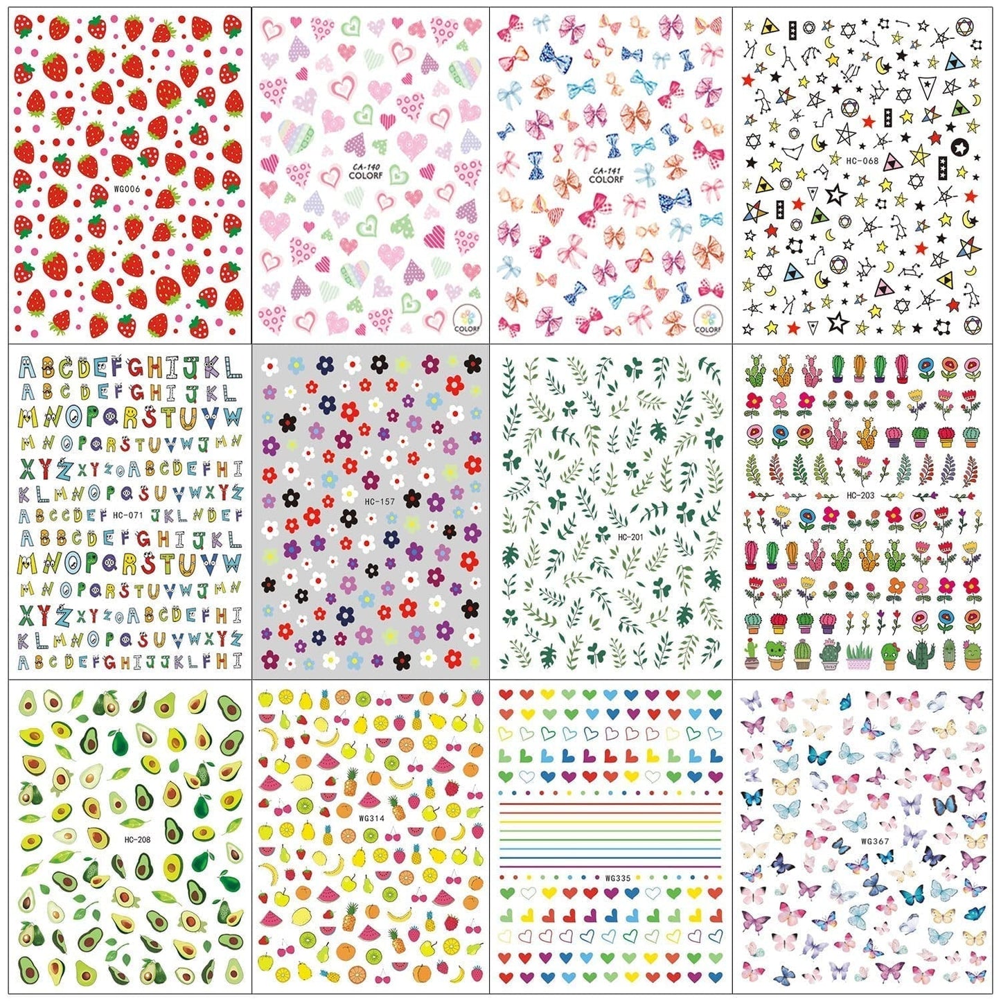 12 Blatt Nagelsticker Süß Kinder Nagelaufkleber Selbstklebend Weihnachtsblumen Blätter Tiere Pflanzen Früchte Nail Art Sticker Dekoration Nageldesign Zubehör