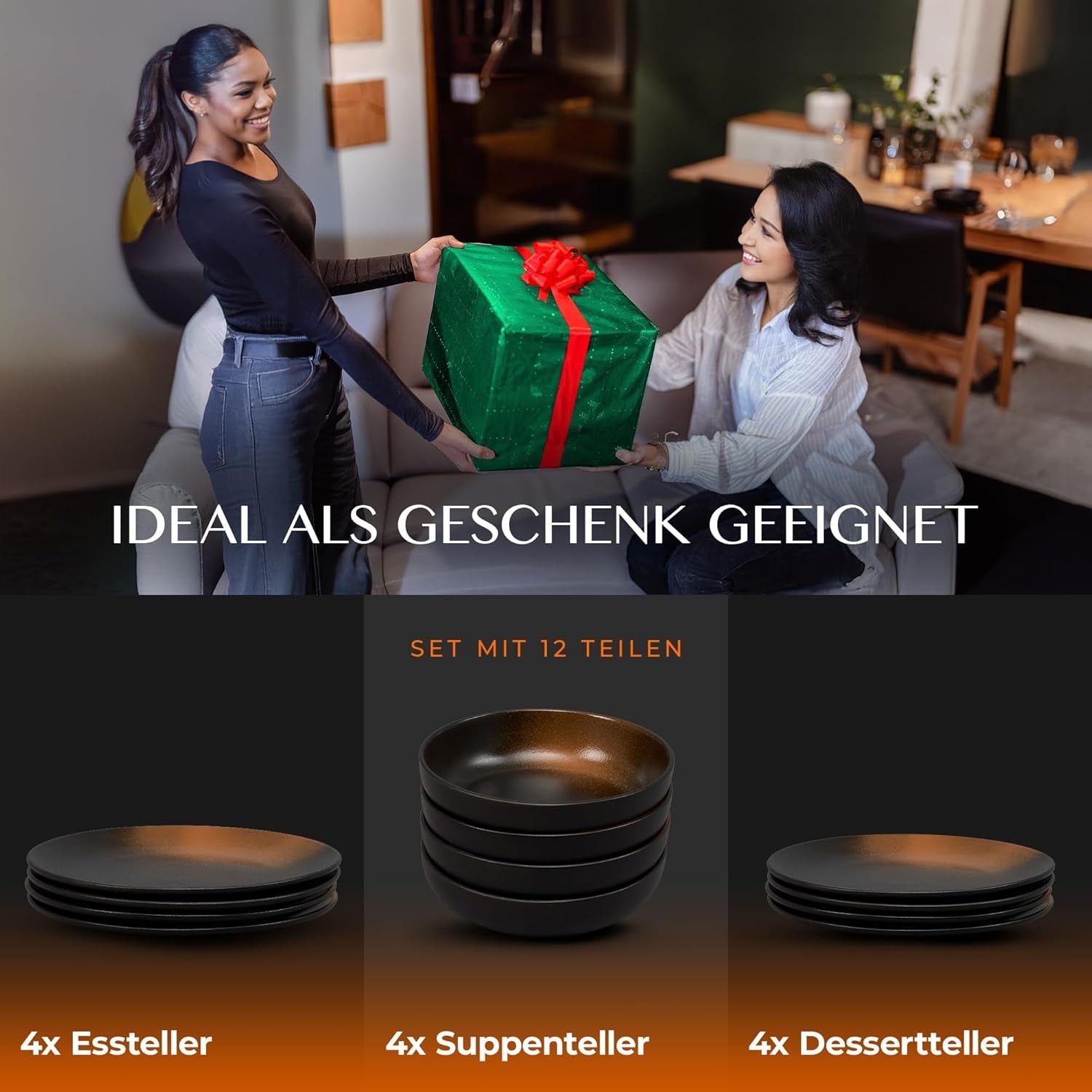12-teiliges Geschirrset aus Steingut – Linie Prairie – Elegantes Design in Braun-/Schwarztönen, Set bestehend aus 4 Speisetellern, 4 Desserttellern und 4 Speisetellern/Premium-Kollektion