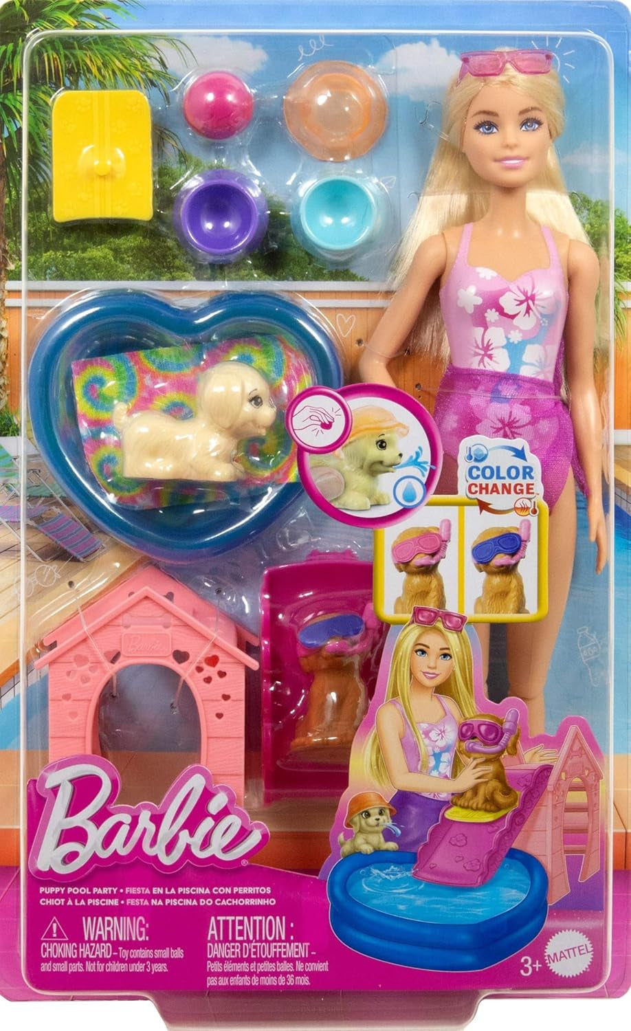 Barbie Puppy Pool Party-Spielset mit Modepuppe, Hundehütte und Rutsche, Herzbecken, 2 Hundefiguren, 6 Zubehörteilen und Farbwechsler, JBF35