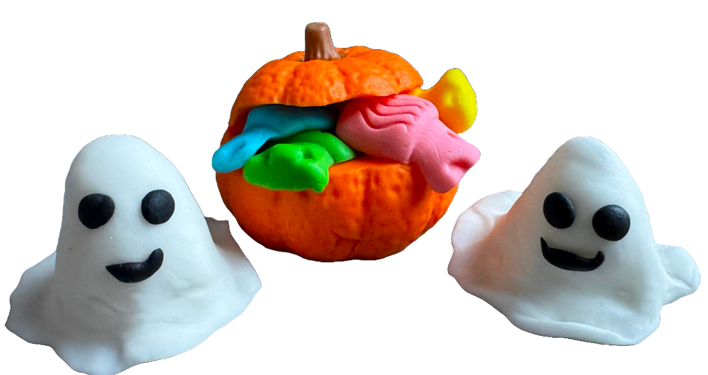 Set mit 3 essbaren Dekorationen aus Zuckerpaste, Halloween, Geister und Kürbis mit Süßigkeiten. Dekorationen aus Zuckerpaste, Naty Shop